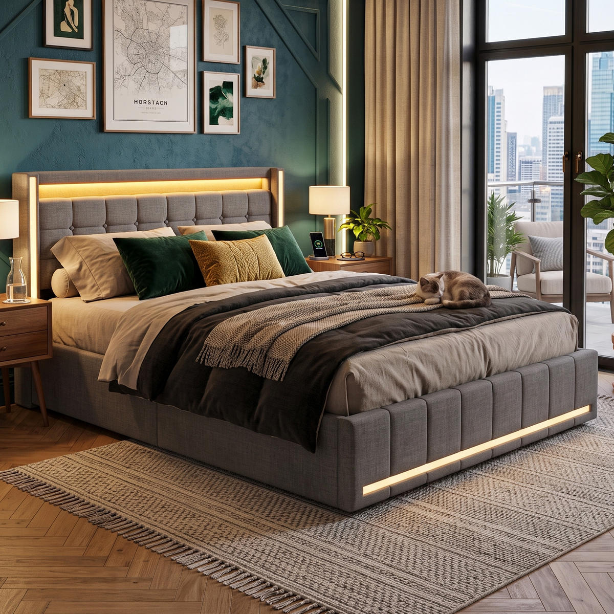 POLSTERBETT Geometrisch 140/200 cm mit 4 Schubladen & App-LED Leinenoptik Grau - Grau, Textil (140/200cm) - Creahappy