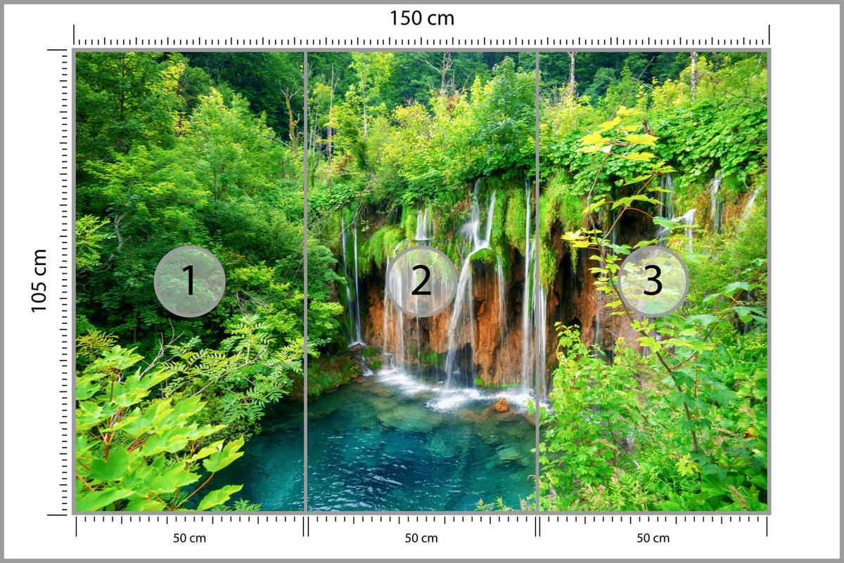 FOTOTAPETE für Esszimmer Exotischer Wasserfall Dschungelwald 150x105 - Türkis/Braun, Papier (150/105cm) - Muralo