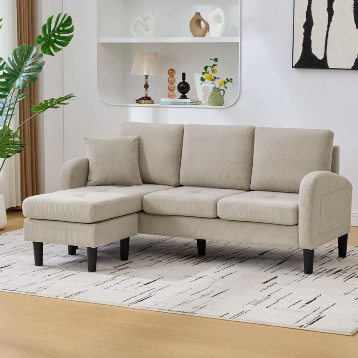 3-SITZER ECKSOFA Cord Braungrau mit Chaiselongue - Hellbraun, Holzwerkstoff/Kunststoff (166/118cm) - WISHDOR