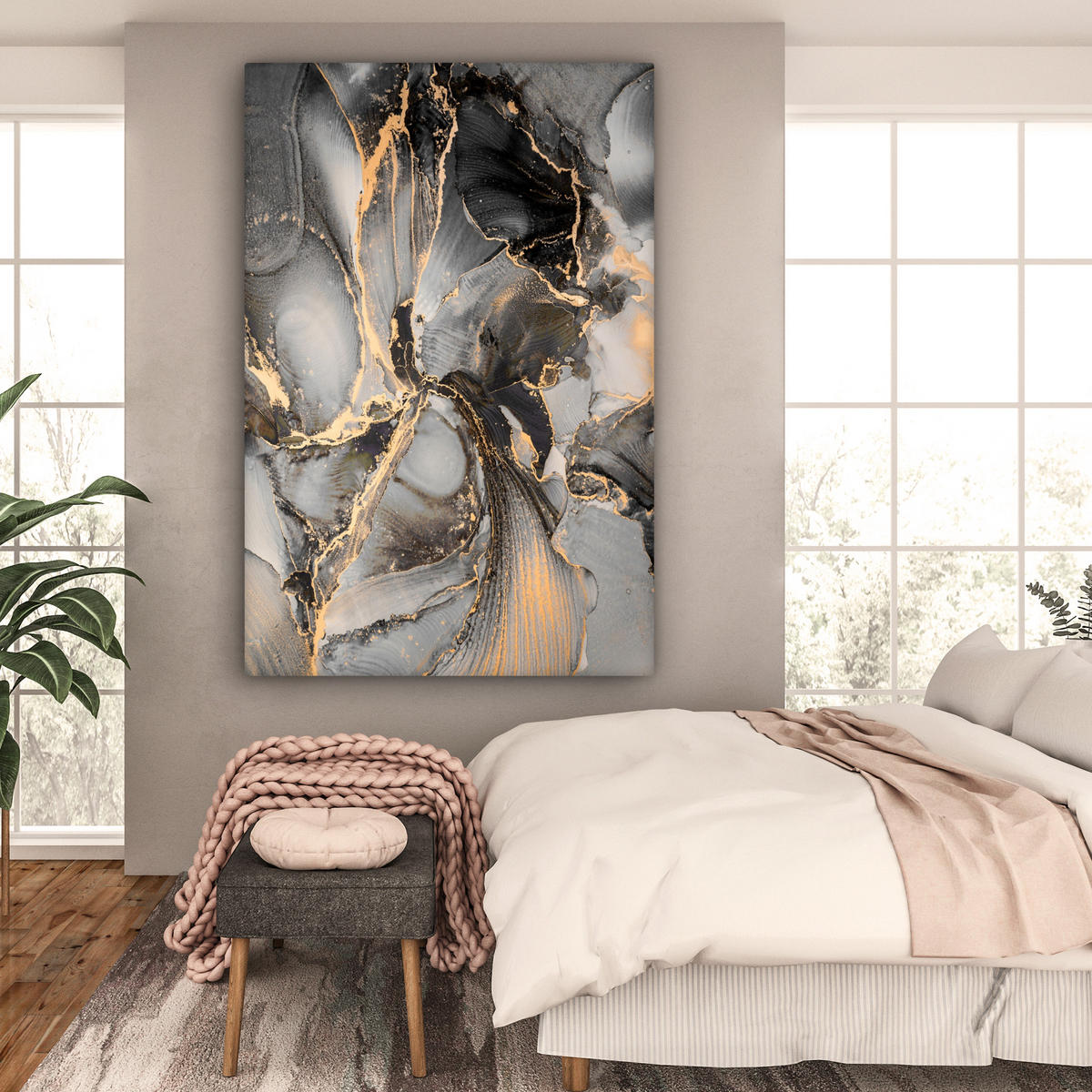 LEINWANDBILD Grau - Luxus - Gold - Marmor Deko Groß 90x140 cm - Dunkelgrau, Textil (90/140cm) - MuchoWow