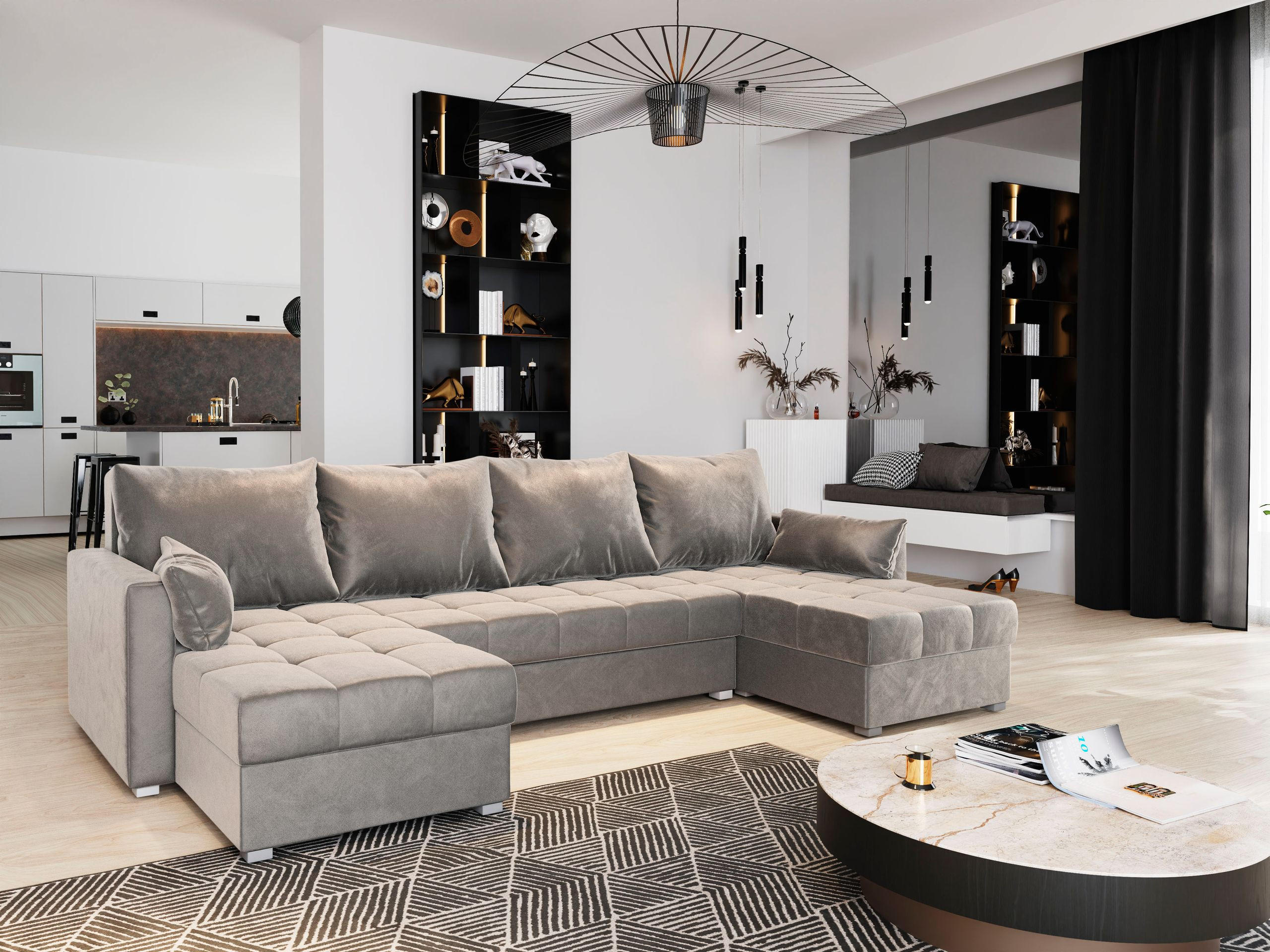 WOHNLANDSCHAFT NAKO Beige Plüsch-Stoff mit Schlaffunktion - Beige, Holz (285/85/140cm) - MASSENO