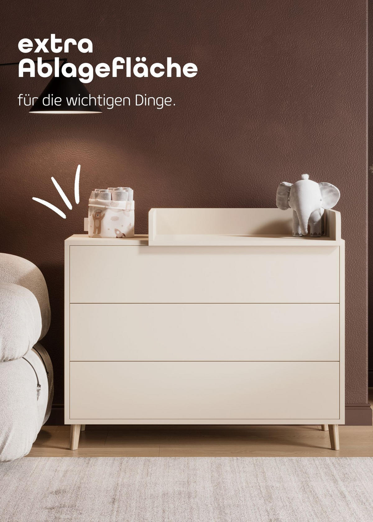 WICKELKOMMODE EDEN – Push-to-Open, Soft Close, abnehmbarer Wickelaufsatz & Schubladen mit Fächern - sahara dust - Buchefarben/Sahara, Holzwerkstoff/Buchenholz (71/94/114cm) - Sämann – make a difference.