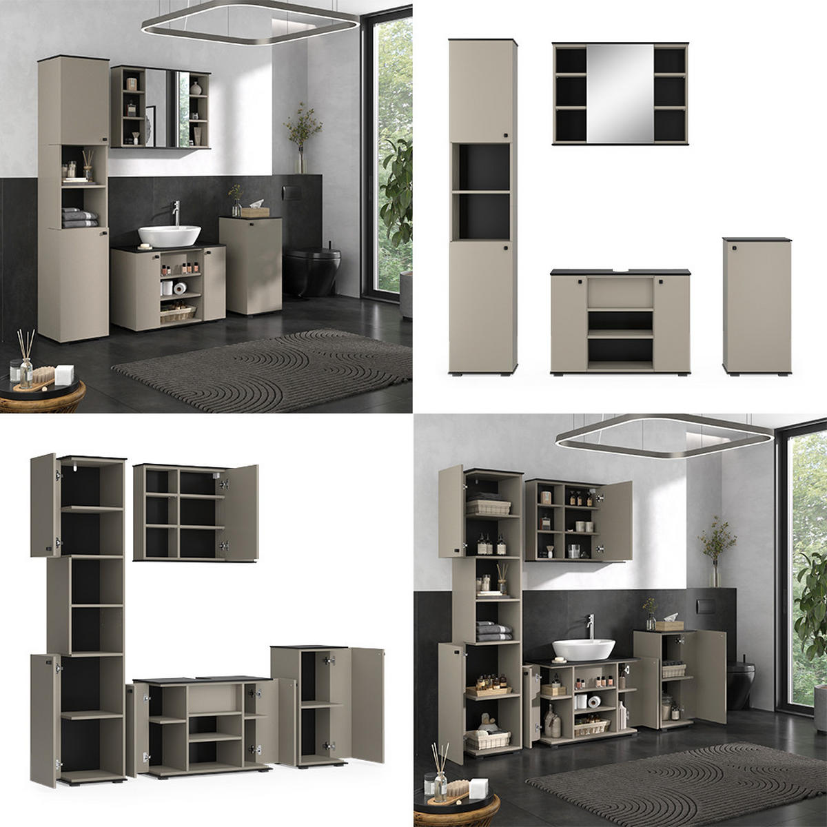BADMÖBEL-SET Joli Greige 4 Teile, mit Hochschrank und Midischrank - Greige/Schwarz, Holzwerkstoff (80/59/37cm) - Vicco