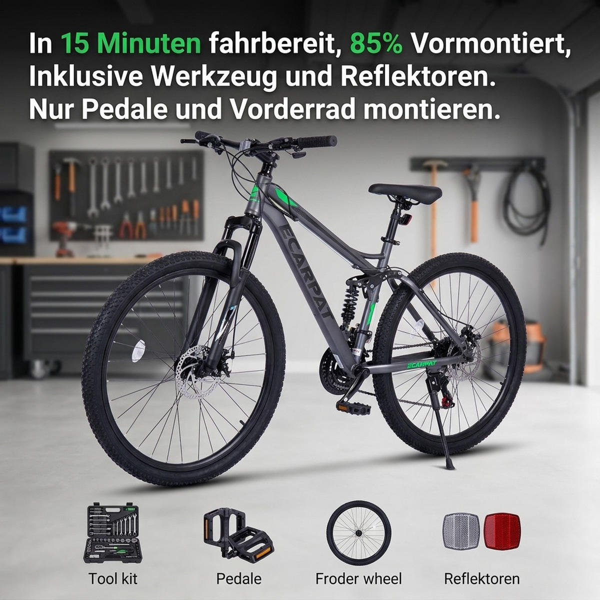 MOUNTAINBIKE 26 Zoll Schwarz + Grün, 21-Gang-Schaltung, Doppel-Scheibenbremsen, Carbonstahl - Grau, Metall (20cm) - Oxeza