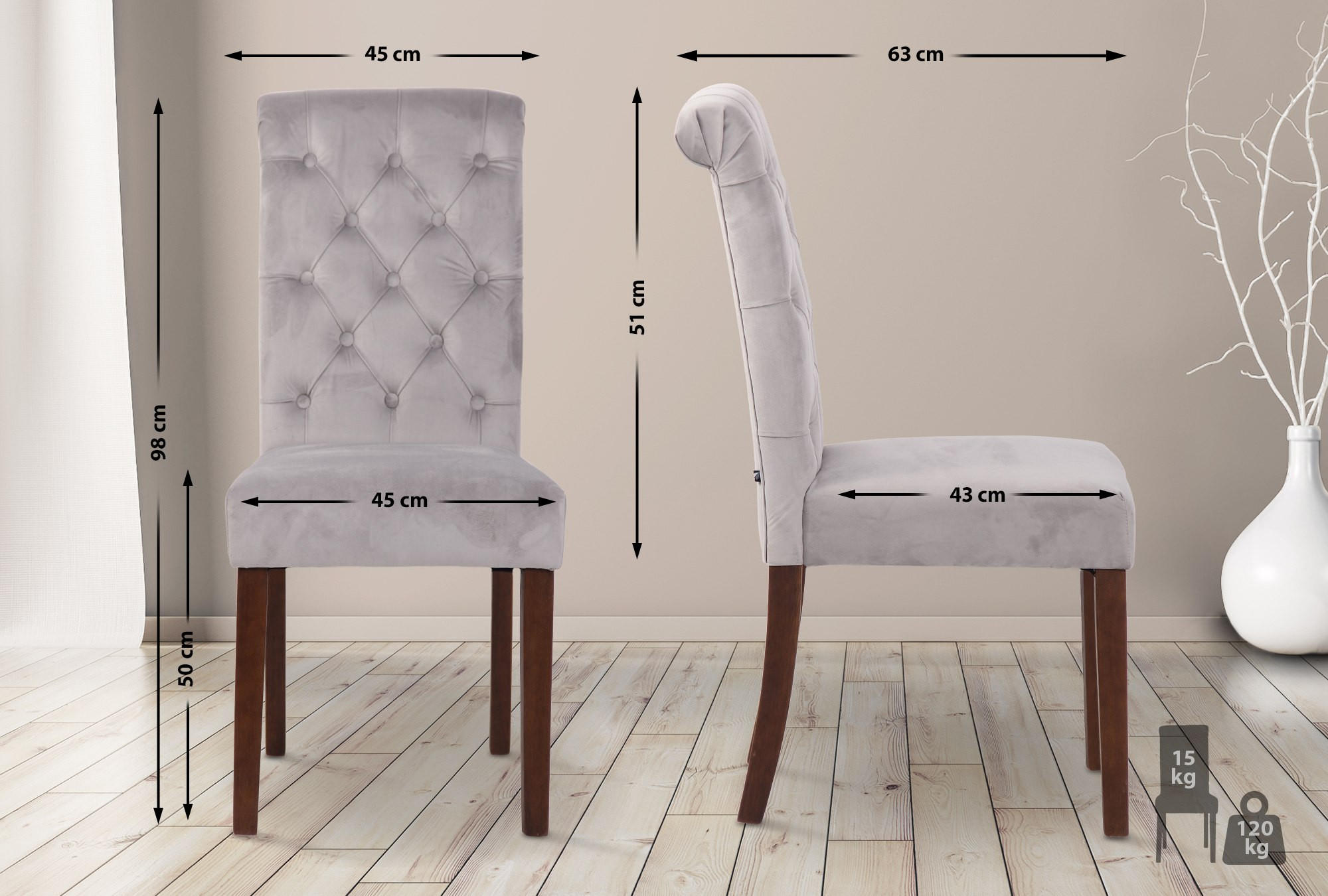 STUHL Samt grau - Walnussfarben/Grau, Holz/Textil (45/98/63cm) - CLP