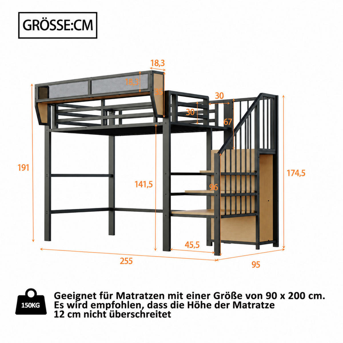 HOCHBETT 90/200 cm Schwarz mit Sicherheitsleiter und flexiblem Staufach - Schwarz, Metall (90/200cm) - Oxeza