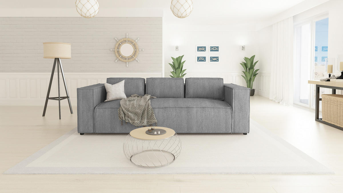 3-SITZER-SOFA Nova Hellgrau Cord - Hellgrau/Schwarz, Holz/Kunststoff (230/64/92cm) - S-Style Möbel