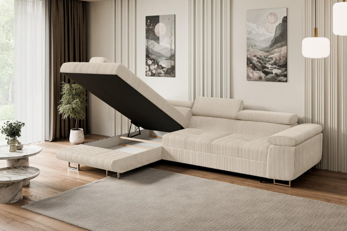 ECKSOFA mit Schlaffunktion und Bettkasten GUSA-L 272x202x107 cm Beige Cord - Beige/Silberfarben, Holzwerkstoff/Textil (202/272cm) - ALTDECOR