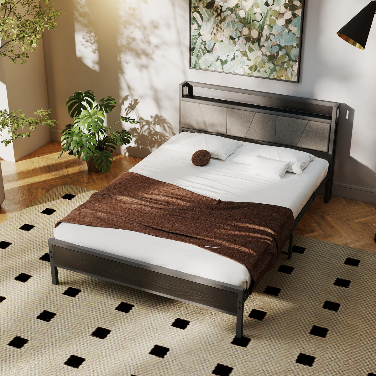 METALLBETT 140/200 cm mit Gepolstertes Kopfteil und USB, ohne Matratze - Schwarz, Holzwerkstoff/Textil (140/200cm) - WISHDOR