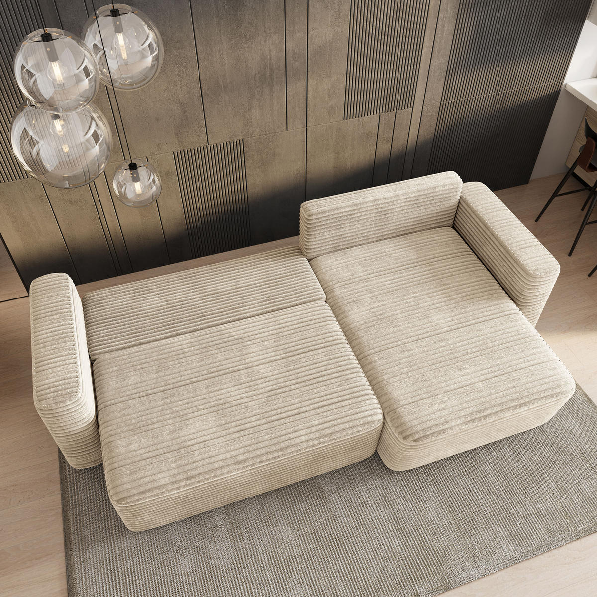 ECKSOFA TELIN Creme Kordstoff mit Schlaffunktion - Creme, Holz (280/162cm) - MASSENO