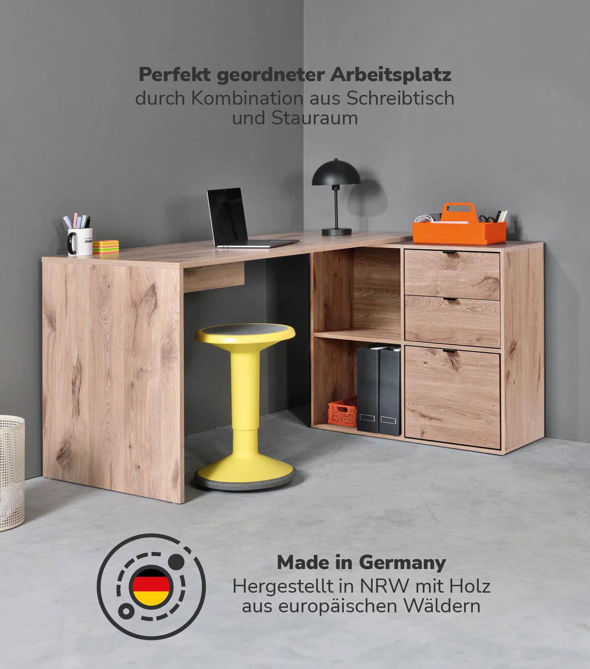 ECKSCHREIBTISCH Der Produktive - Eichefarben, Holzwerkstoff (65/145/77cm) - Mokebo