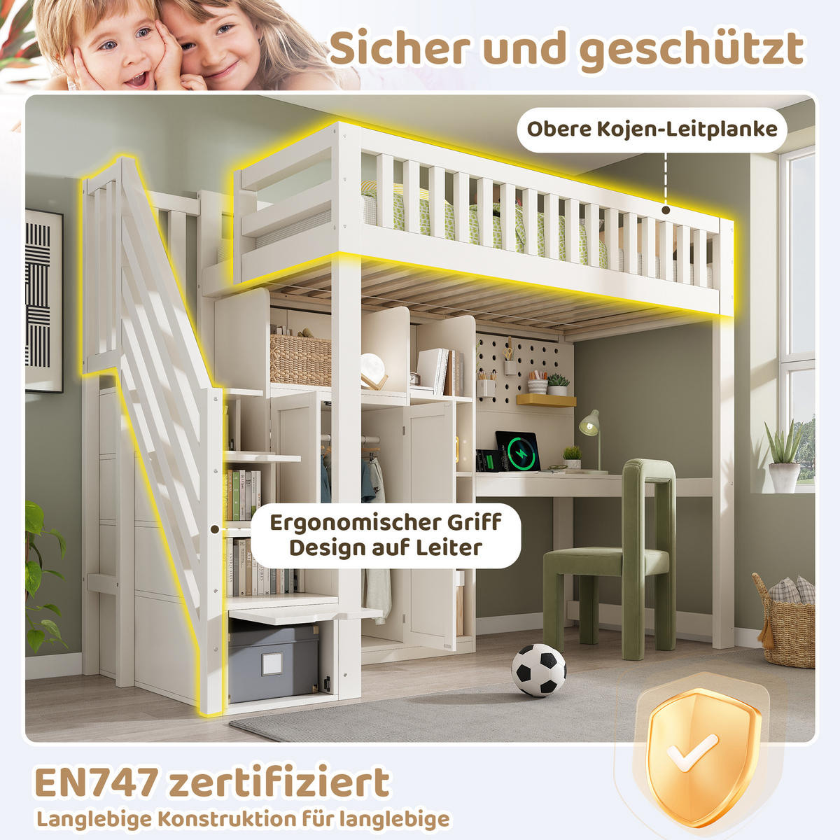 HOCHBETT 90/200 cm in Weiß mit Schreibtisch, Regal und USB - Weiß, Holz/Holzwerkstoff (90/200cm) - WISHDOR