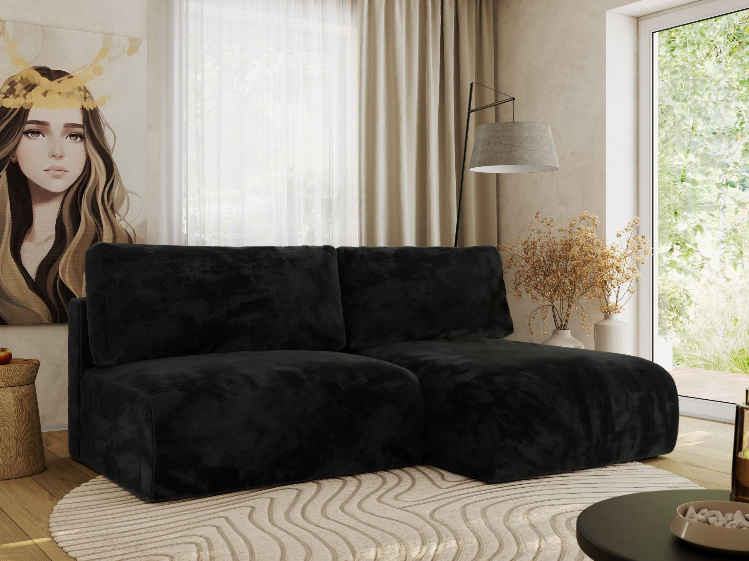 ECKSCHLAFSOFA VIVO L Schwarz Plüsch - rechts - Schwarz, Kunststoff/Textil (150/223cm) - MKS