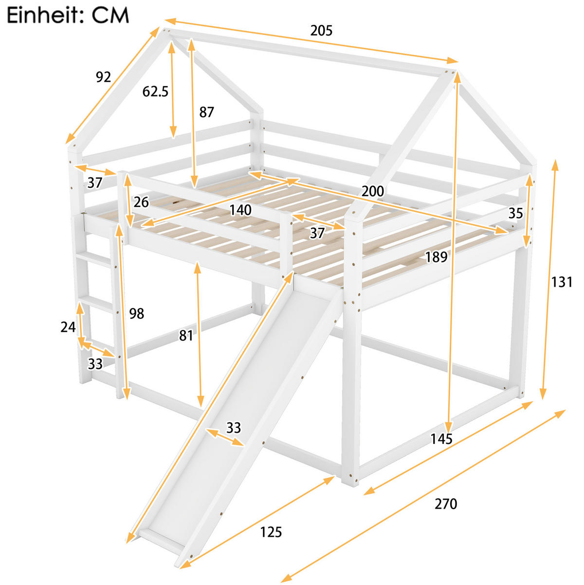 NADSTROPNA postelja 140/200 cm bela s toboganom in lestvijo iz bora in MDF v obliki hiše - bela, les (140/200cm) - OKWISH