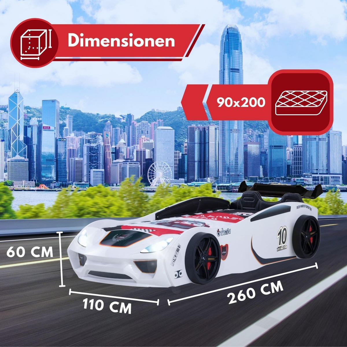 AUTOBETT VENTO SPORT in Weiß Kinderbett mit Lederpolster und Lattenrost - Weiß, Holzwerkstoff (90/200cm) - Coemo