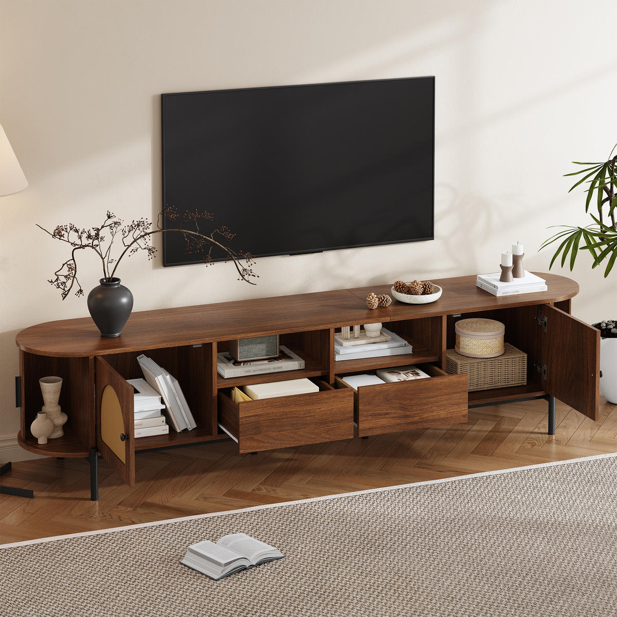 TV-SCHRANK Oval Rattan Schiebetüren Metallbeine modern - Walnussfarben, Holzwerkstoff (40/49.5/200cm) - FLIEKS