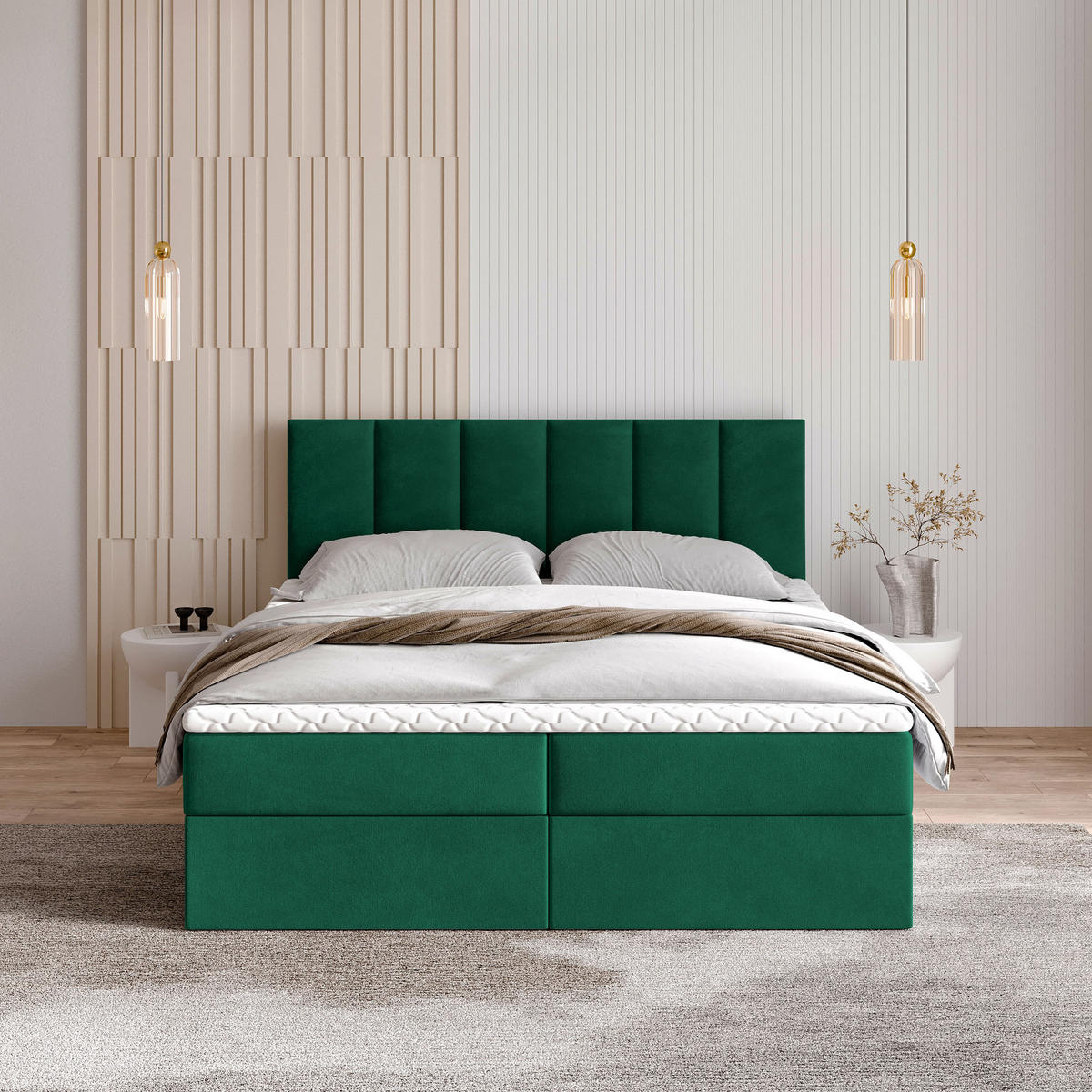 BOXBETT MERIL 160x200 cm mit Matratze und Topper - Grün - Grün, Holz (160/200cm) - MASSENO