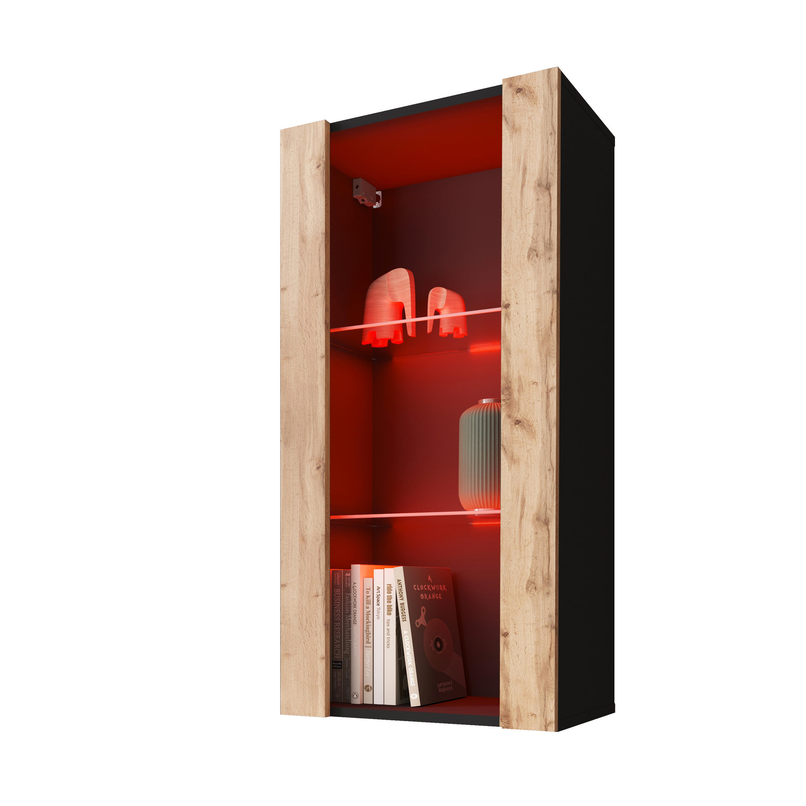 HÄNGEVITRINE TIVOLI Vertical 100, Wotan, LED Mehrfarbige - Eiche Wotan/Schwarz, Glas/Holzwerkstoff (50/100/29.5cm) - Komodee