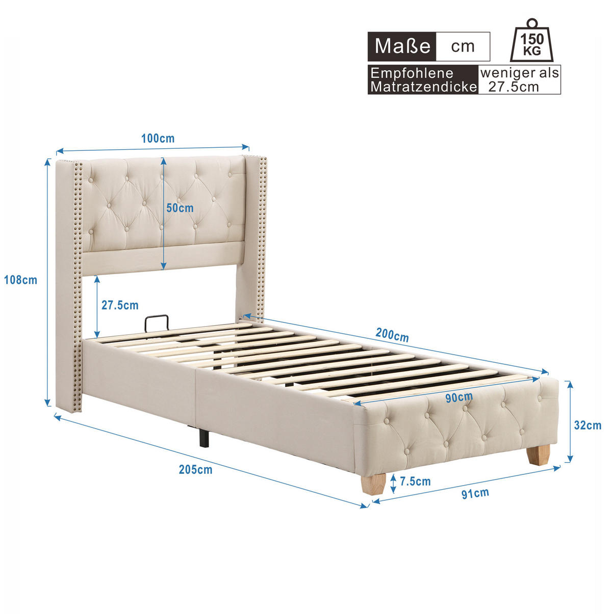 POLSTERBETT 90/200 cm in Beige aus Leinen mit Knopfheftung und Nieten - Beige, Textil (90/200cm) - Flora Grace