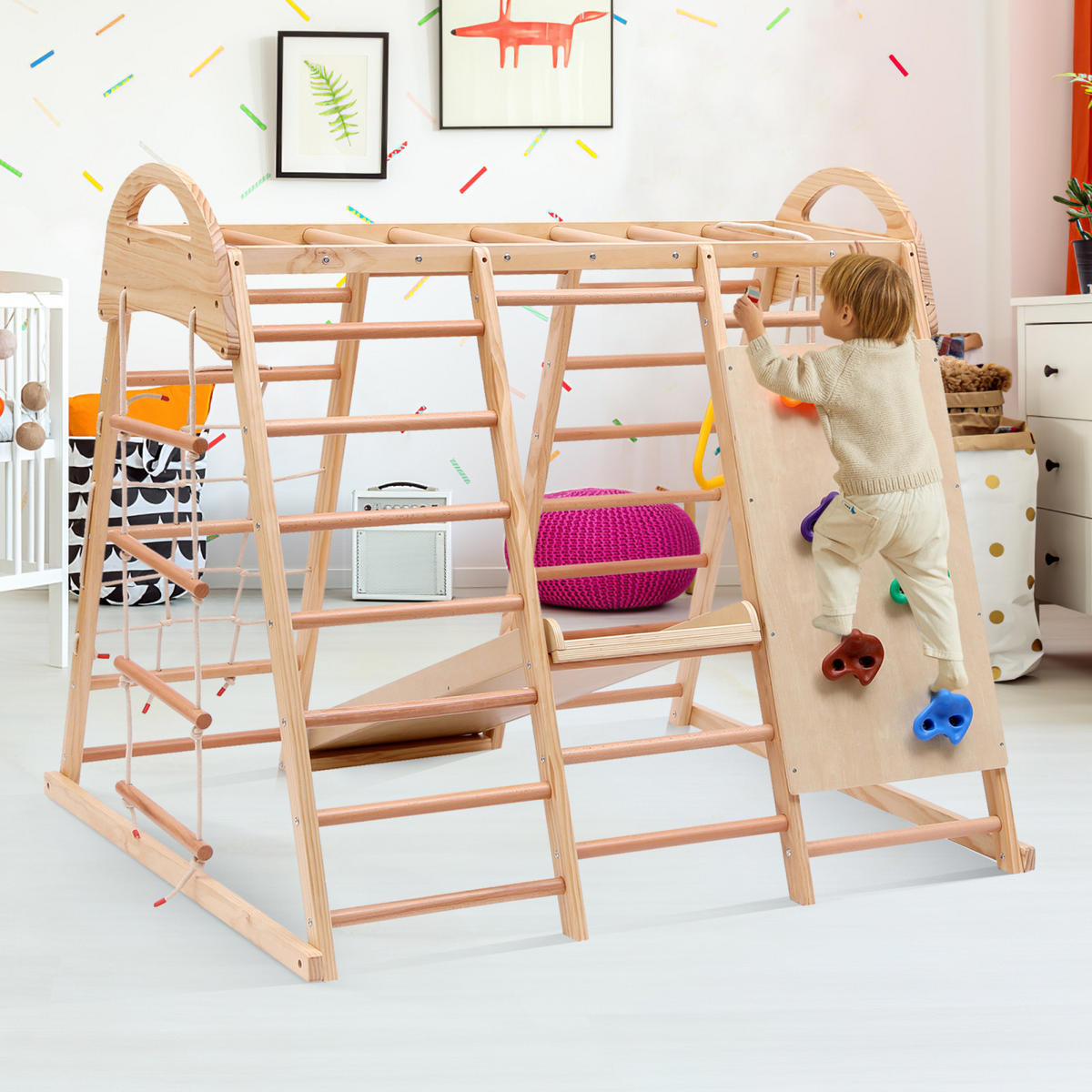 MULTIFUNKTIONS-KLETTERGERÜST 7-in-1,mit Schaukel, Kletterleiter, Kletterplattenrutsche, Ein Netz zum Klettern, Kletterstein aus Kunststoff. - Kernbuche, Holz (120/120/134cm) - Hauptrolle