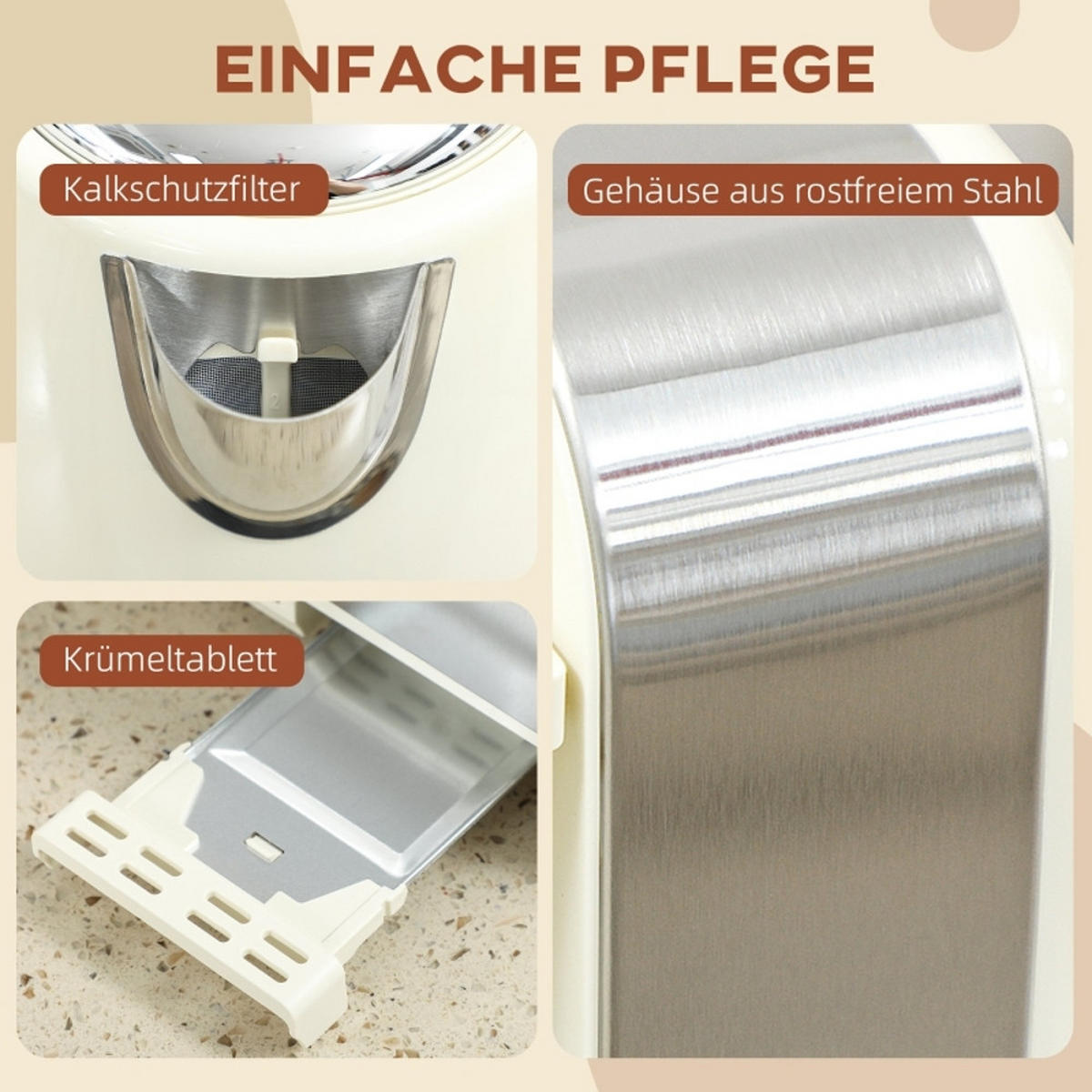 WASSERKOCHER-TOASTER SET Creme Edelstahl 1,7 L 2200W - Creme, Kunststoff (16.5/25.2/21.1cm) - Rolipo