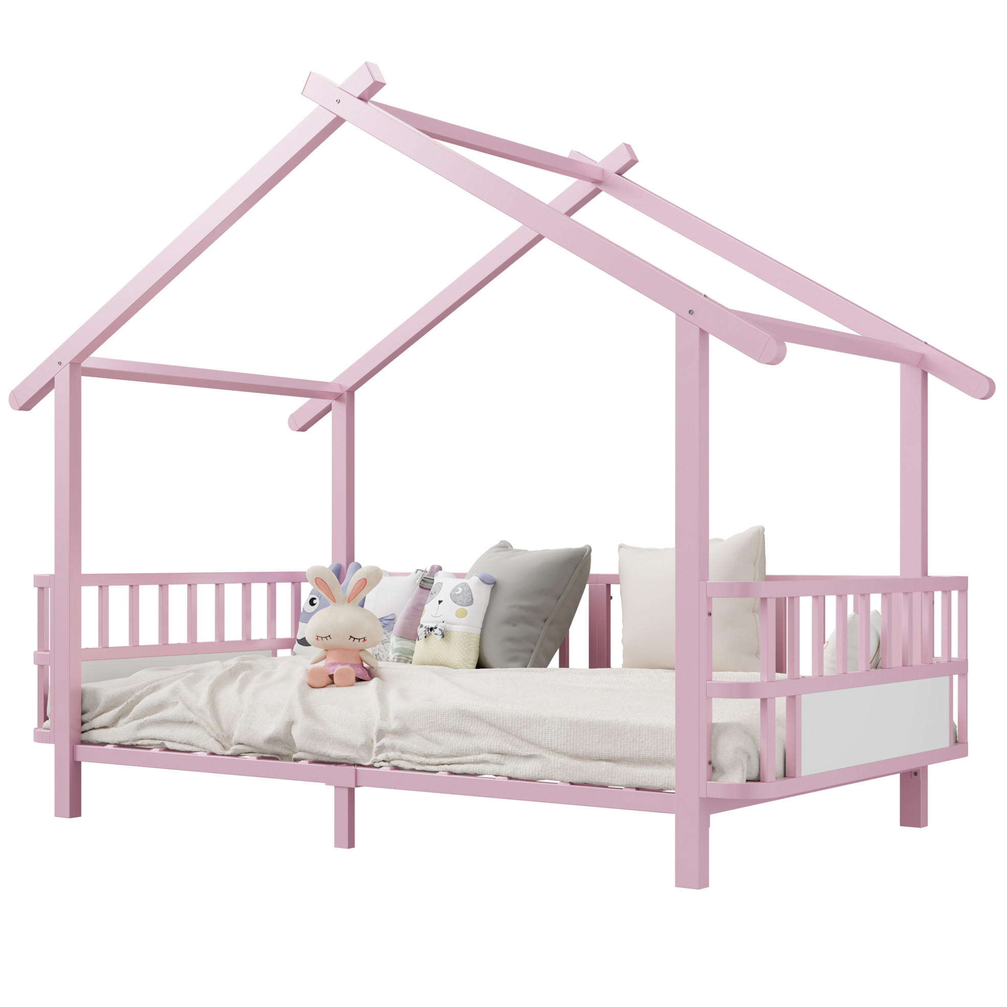 KINDERBETT Hausform 90/200 cm Rosa mit Dachdesign und Sicherheitsgitter ohne Matratze - Rosa, Metall (90/200cm) - MIVRAY