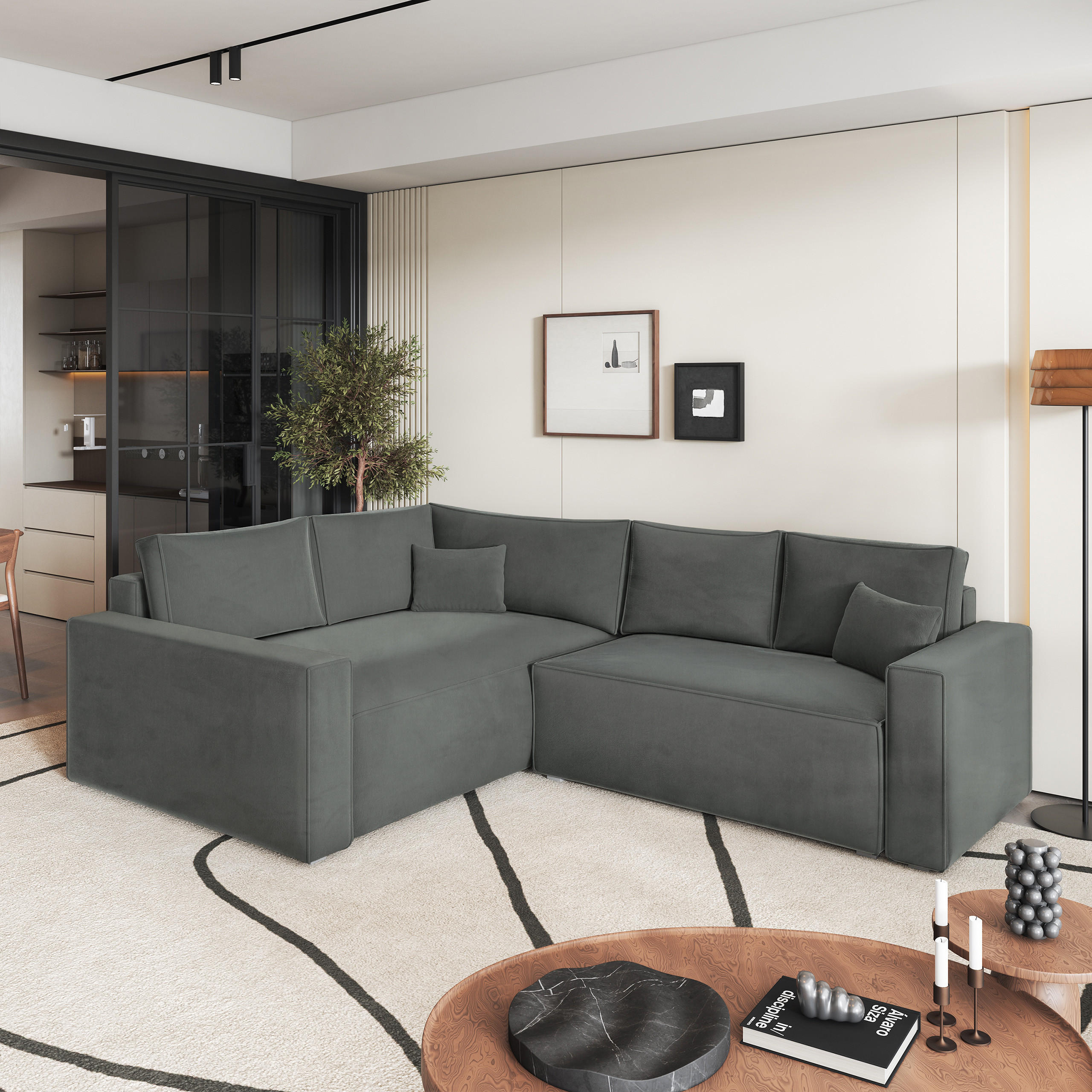 ECKSOFA ERONIS L-S Grau Velours-Stoff mit Schlaffunktion - Grau, Holz (265/194cm) - MASSENO