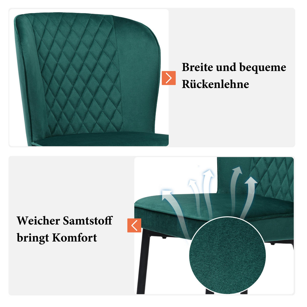 ESSZIMMERSTUHL ergonomisch Samt Grün 6er-Set - Grün, Metall (43/86/47.2cm) - Meubliv