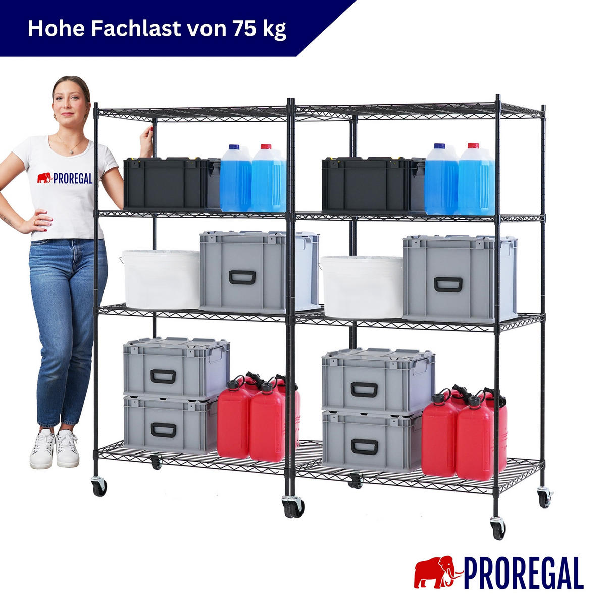 GITTERREGAL 2er - Set HADES mit Rollen & 4 Gitterböden Metall 160x90x60cm Schwarz - Schwarz, Metall (90/160/60cm) - PROREGAL