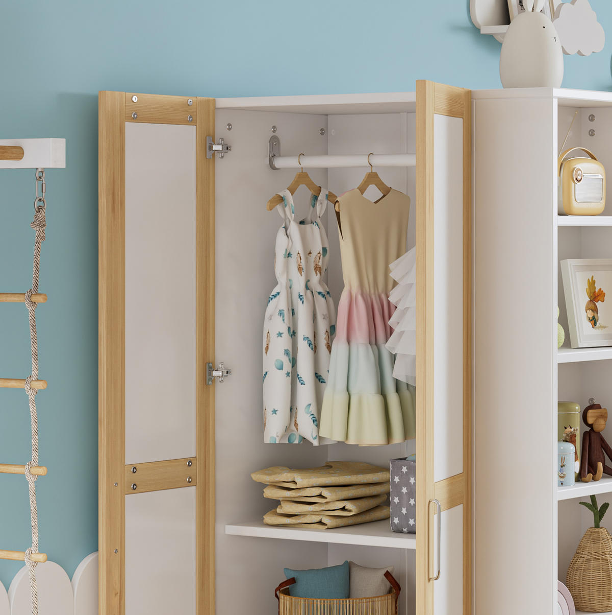 ETAGENBETT 90/200 cm in Weiß/Natur mit Kleiderschrank und 6 Regalen - Weiß, Holzwerkstoff (90/200cm) - Flora Grace