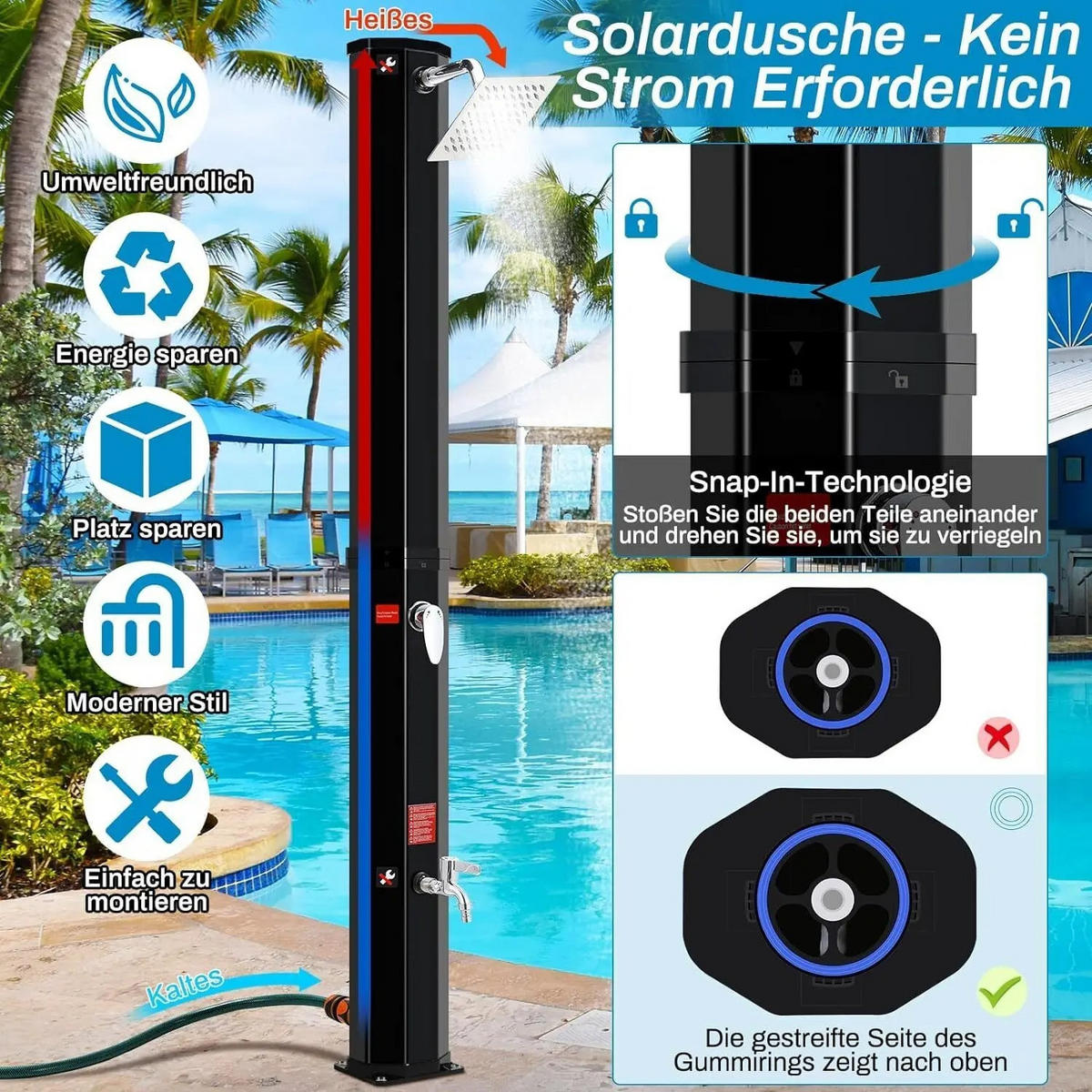 SOLARDUSCHE mit Duschkopf, 35L Kalten Heißer Schwarz für Garten Strand Pool - Schwarz, Kunststoff (18/217/14.5cm) - Kaket