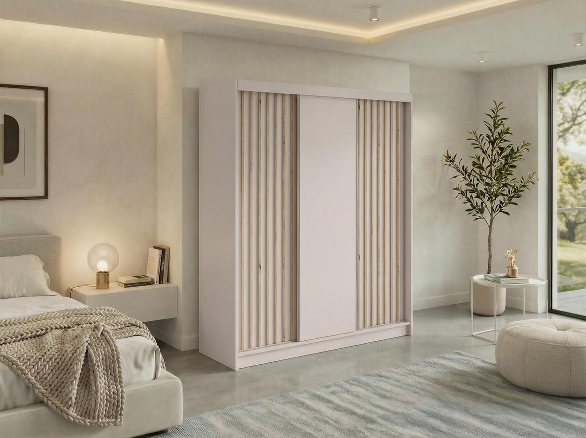 SCHWEBETÜRENSCHRANK mit Lamellen und Schubladen LUMOS - 180 - Kaschmir und Eiche Artisan - Kaschmir/Alufarben, Holzwerkstoff/Metall (180/216/61cm) - MKS