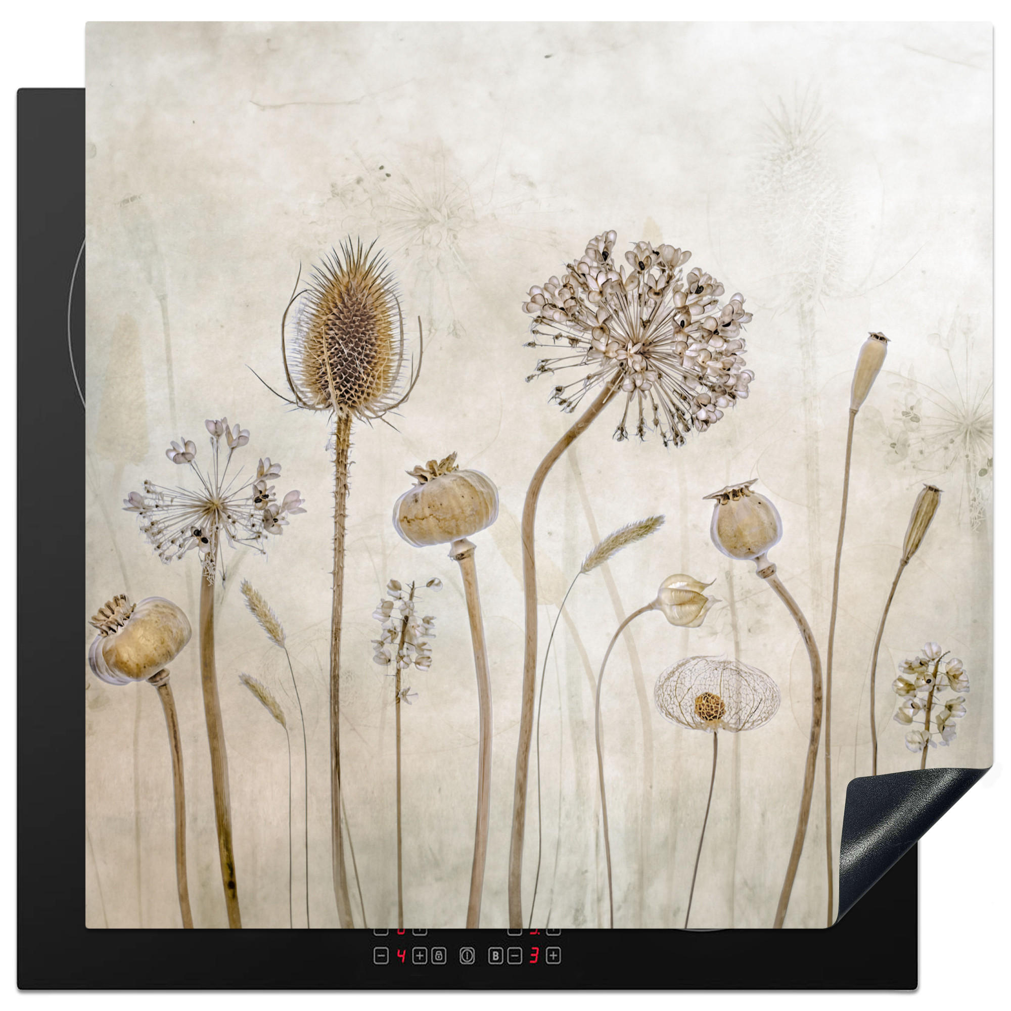 MuchoWow KRYT NA INDUKČNÍ DESKU Květiny - Akvarel - Zátiší - Hnědá - Vintage 78x78 cm