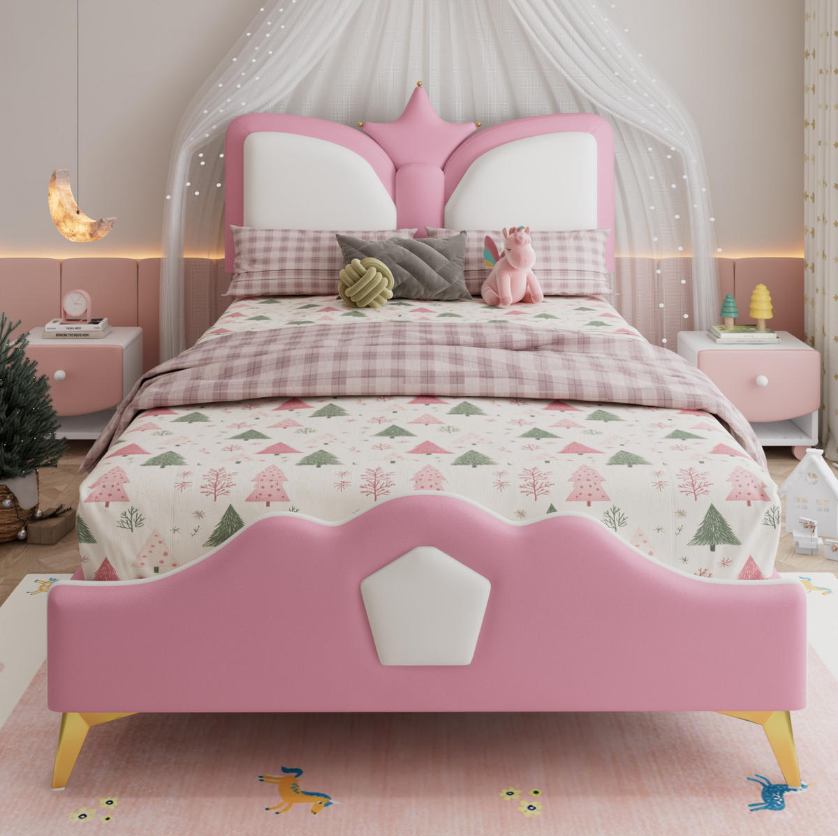 POLSTERBETT 90/200 cm Rosa Weiß mit Kopfteil in Kronenform und weichen Antikollisionskanten - Rosa, Kunststoff (90/200cm) - OKWISH