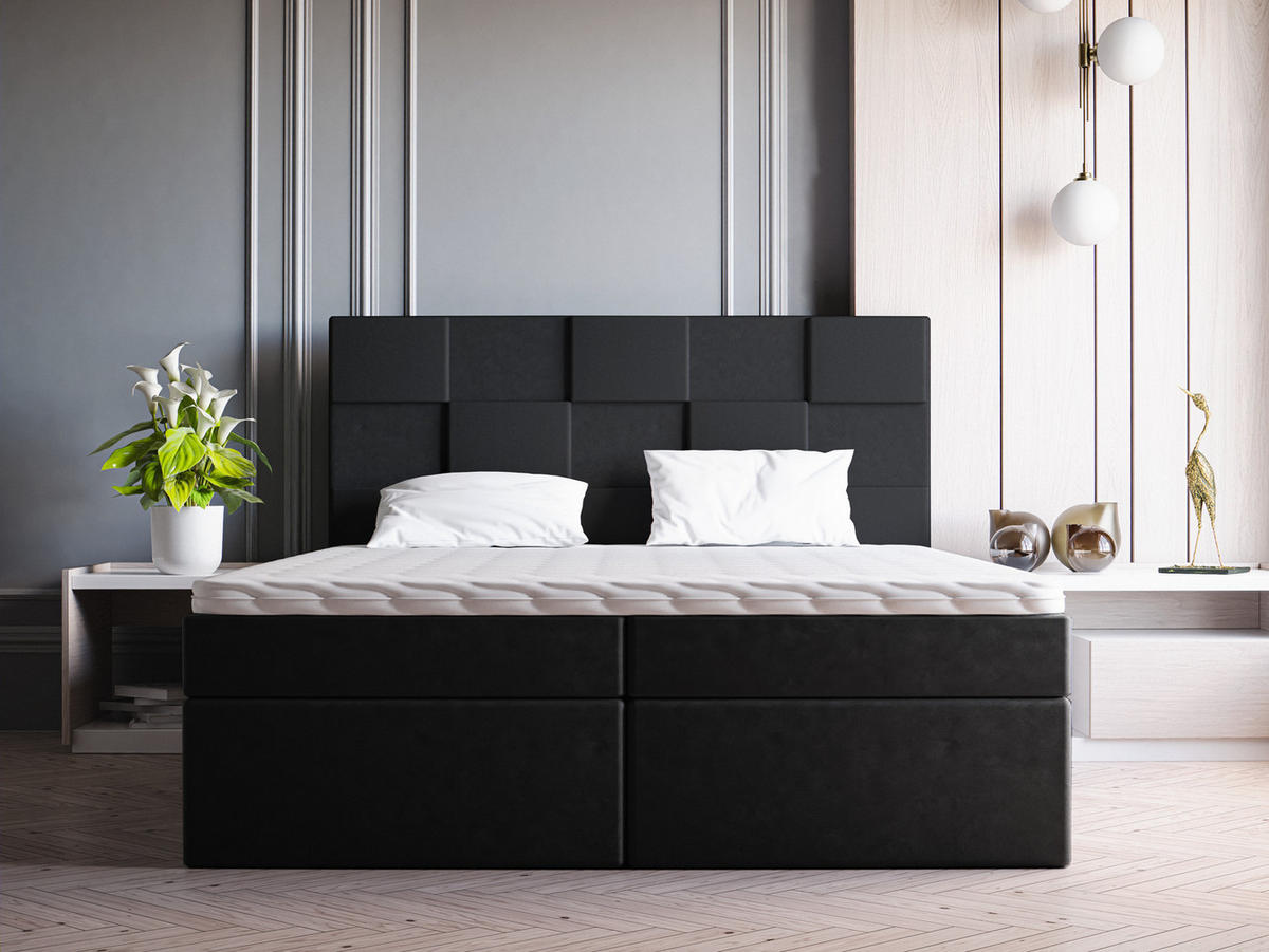 DOPPELBETT mit Matratze 140x200 Berg, Samtstoff, Bettkasten, Schwarz - Schwarz, Holz/Textil (140/200cm) - Emporius