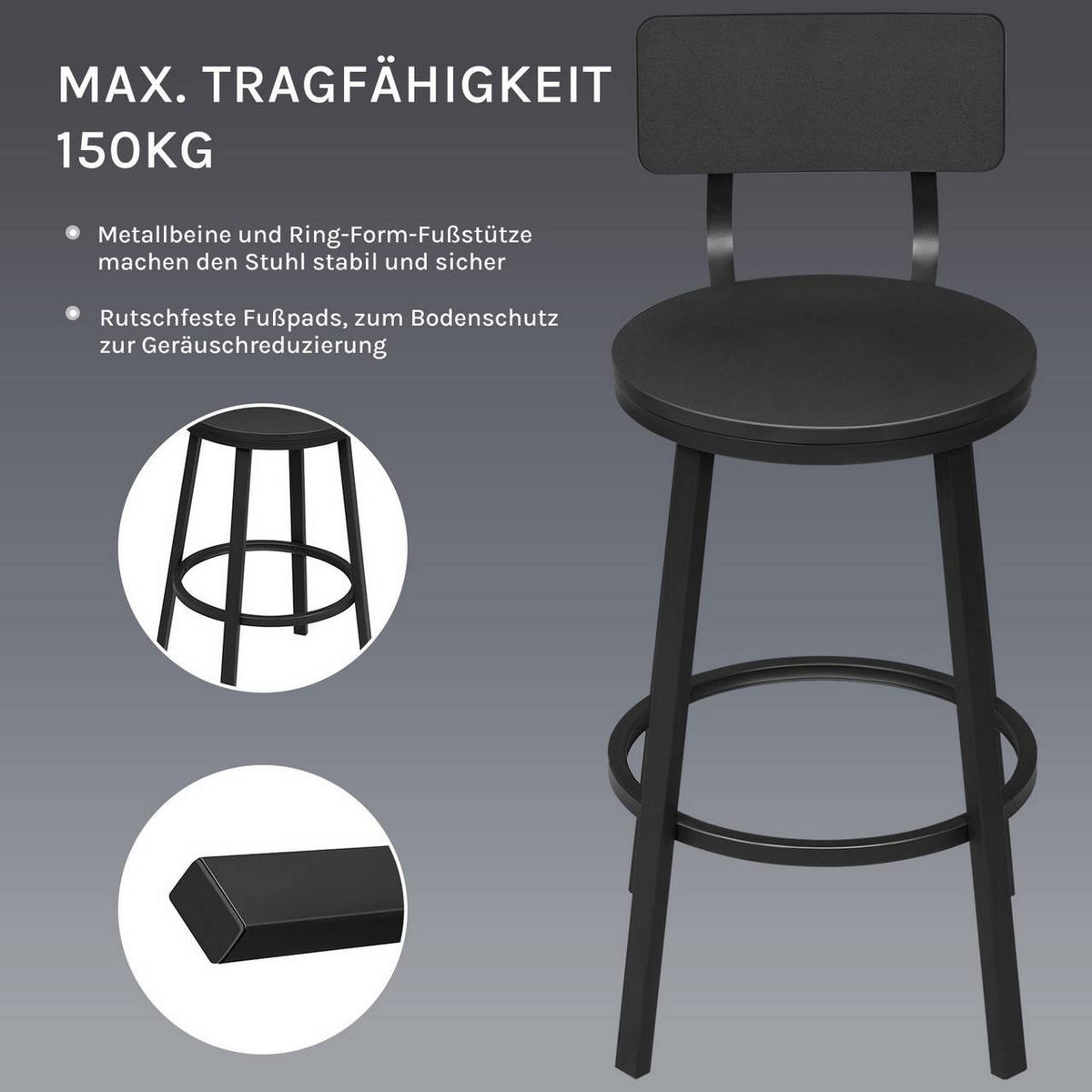 BARHOCKER 2er Set, Metallgestel, Schwarz - Schwarz, Holzwerkstoff/Metall (51.5/89/51.5cm) - Woltu