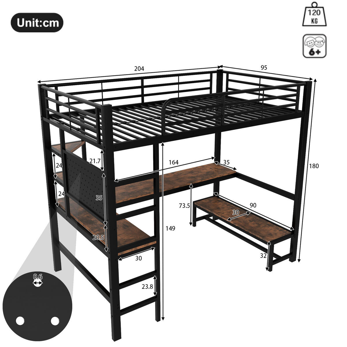 HOCHBETT 90/200 cm, Schwarz mit Schreibtisch, LED und USB-Typ-C-Buchse - Schwarz, Metall (90/200cm) - MIVRAY