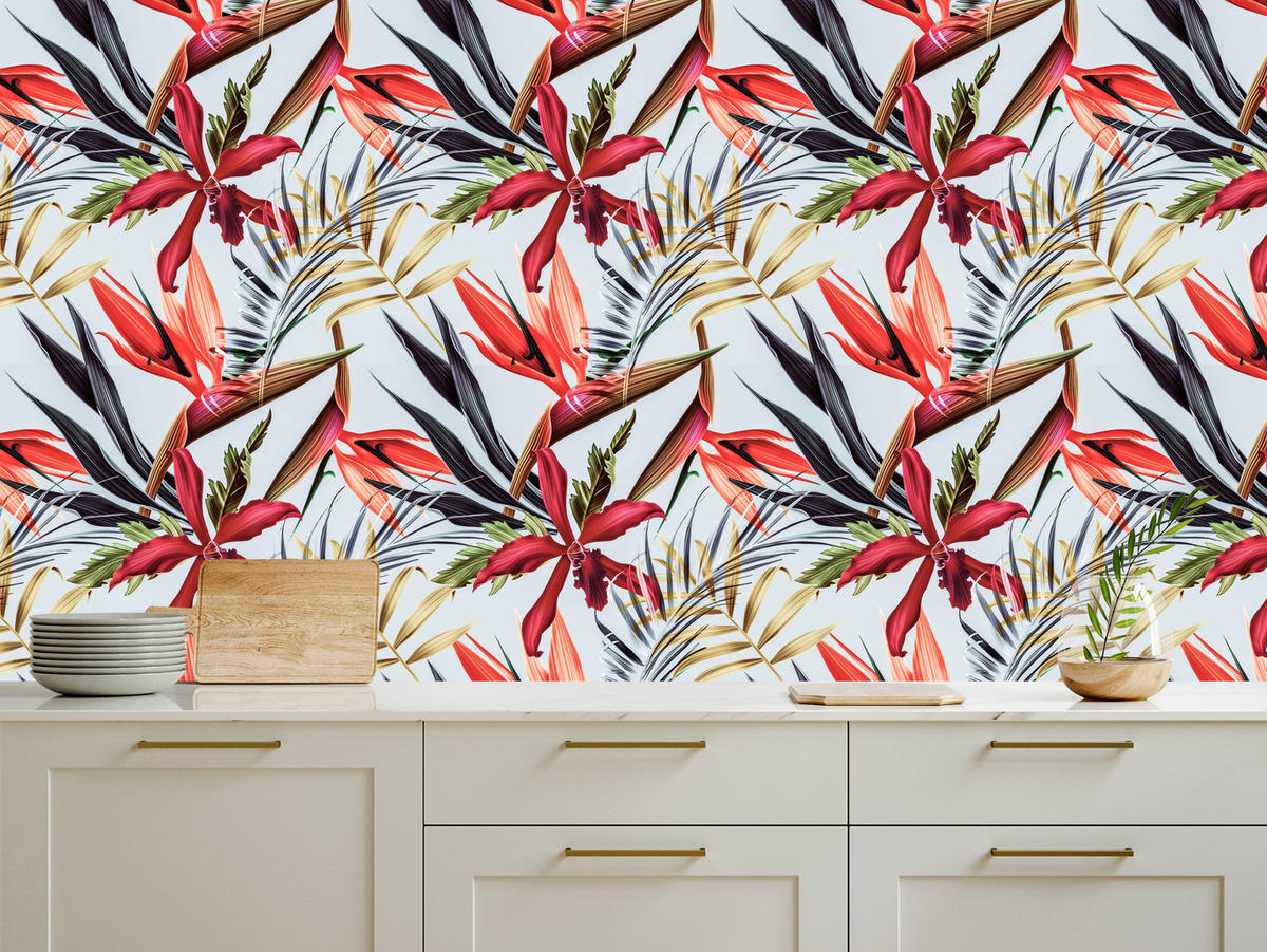 VLIESTAPETE Tropische Dschungelblüten – Rot, Grün, Weiß – 50x1000 cm - Rot/Weiß, Papier (50/1000cm) - Muralo