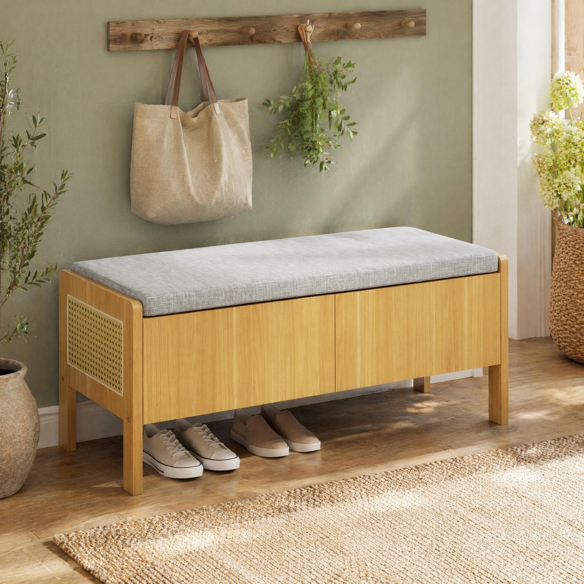 SCHUHBANK in Naturfarben und Grau Sitzschrank mit Rattan-Geflecht und Schubladen für Flur, B113/T45.5/H40 cm - Naturfarben/Grau, Glas/Holzwerkstoff (113/45.5/40cm) - STILVORA