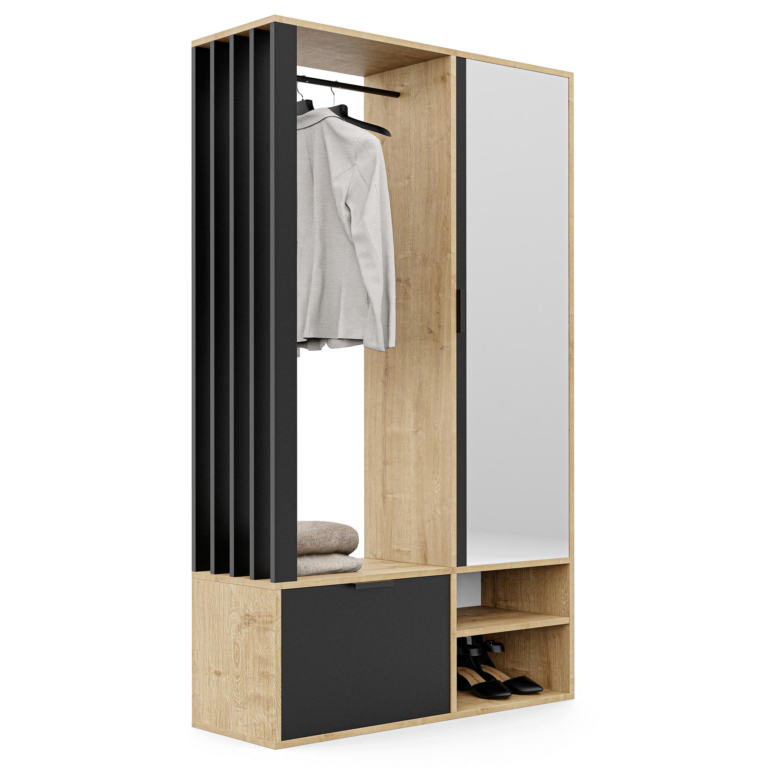 GARDEROBENSCHRANK mit Spiegel-mit Ablagen und Kleiderstange - Schwarz/Braun, Holzwerkstoff (100/190/33cm) - Idohome