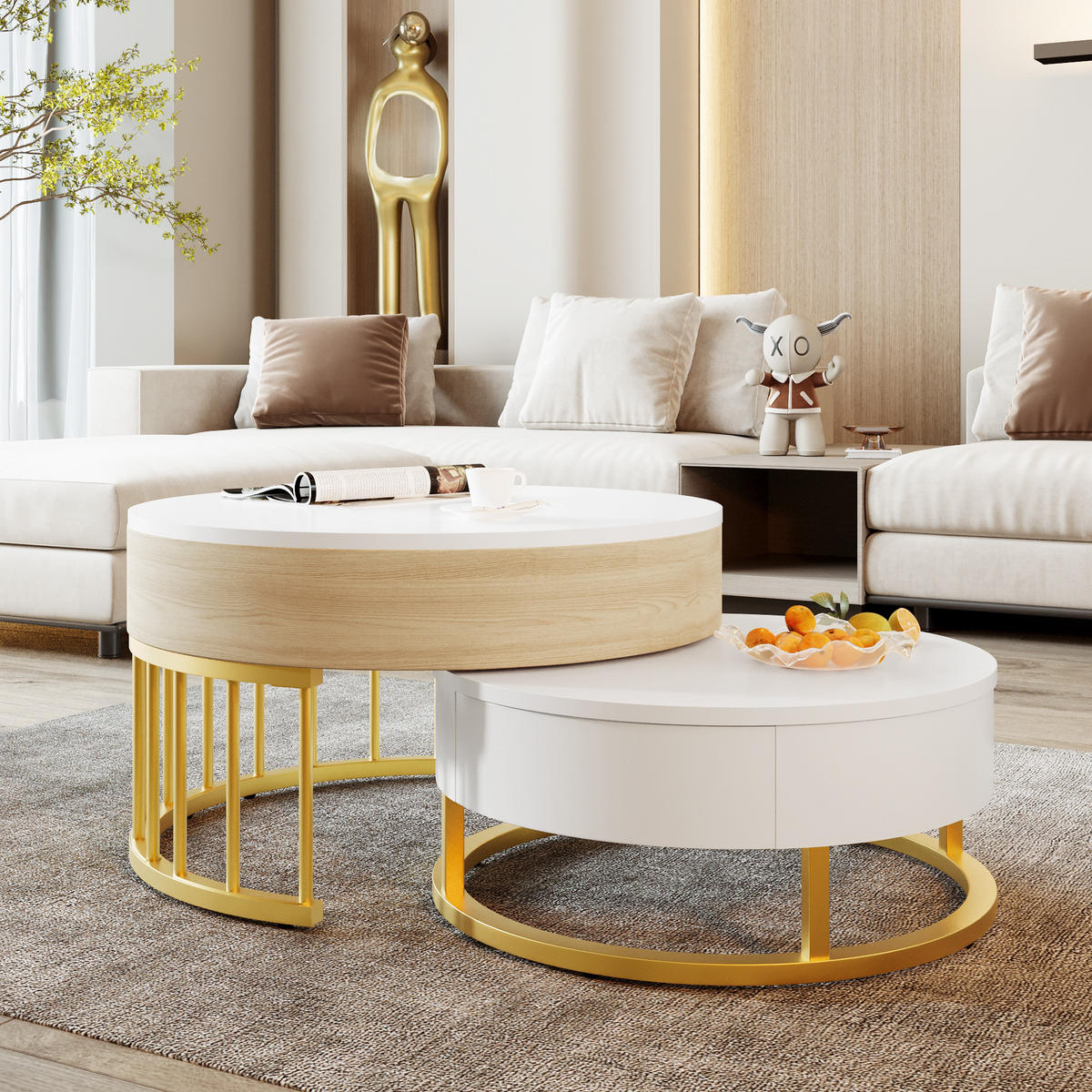 COUCHTISCH rund höhenverstellbar Goldgestell - Weiß, Holz (70/70/56cm) - LEBENLANG