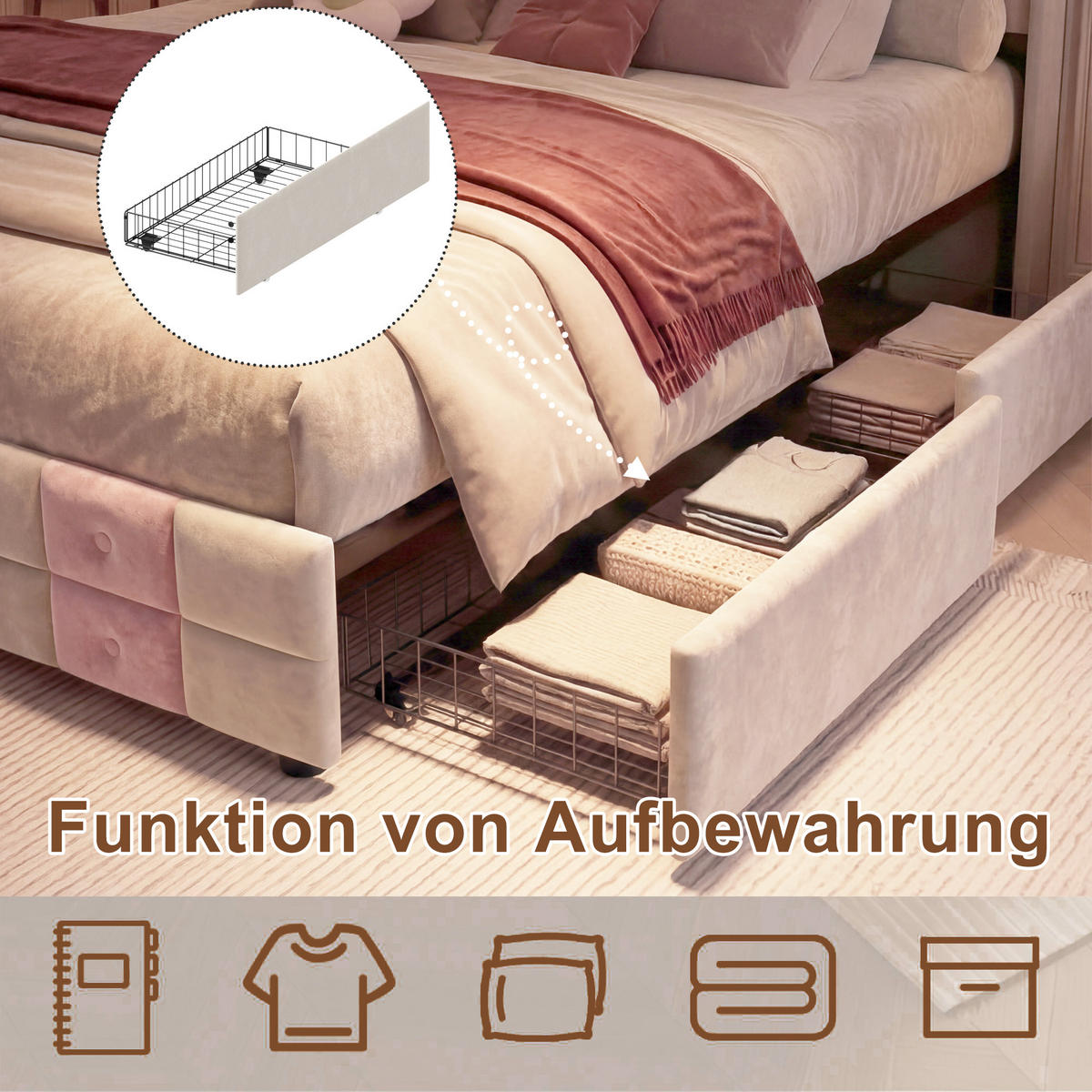 POLSTERBETT 140/200 cm Rosa/Beige mit 2 Schubladen, LED-Kopfteil mit Ablage und USB-Anschluss - Rosa, Metall (140/200cm) - EuroLiving