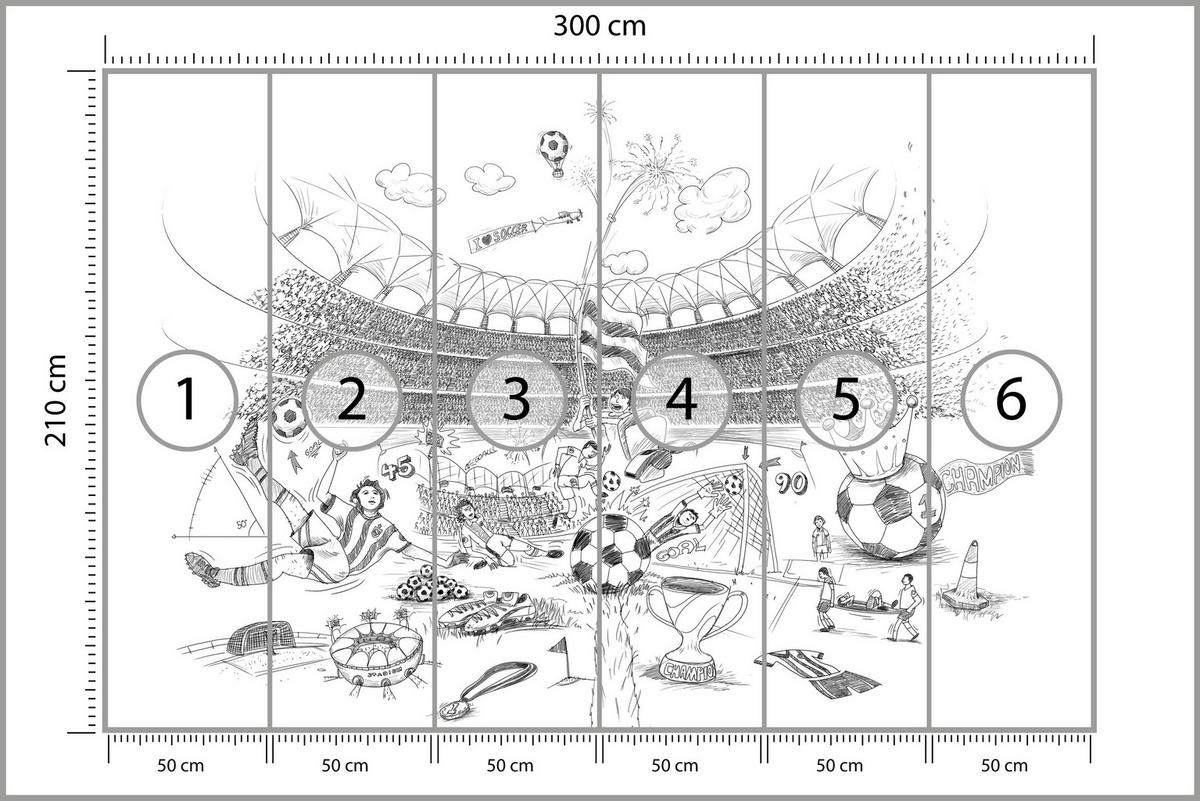 FOTOTAPETE für Kinderzimmer Fußballstadion Skizze Spieler Ball Pokal Sport 300x210 - Weiß/Grau, Papier (300/210cm) - Muralo