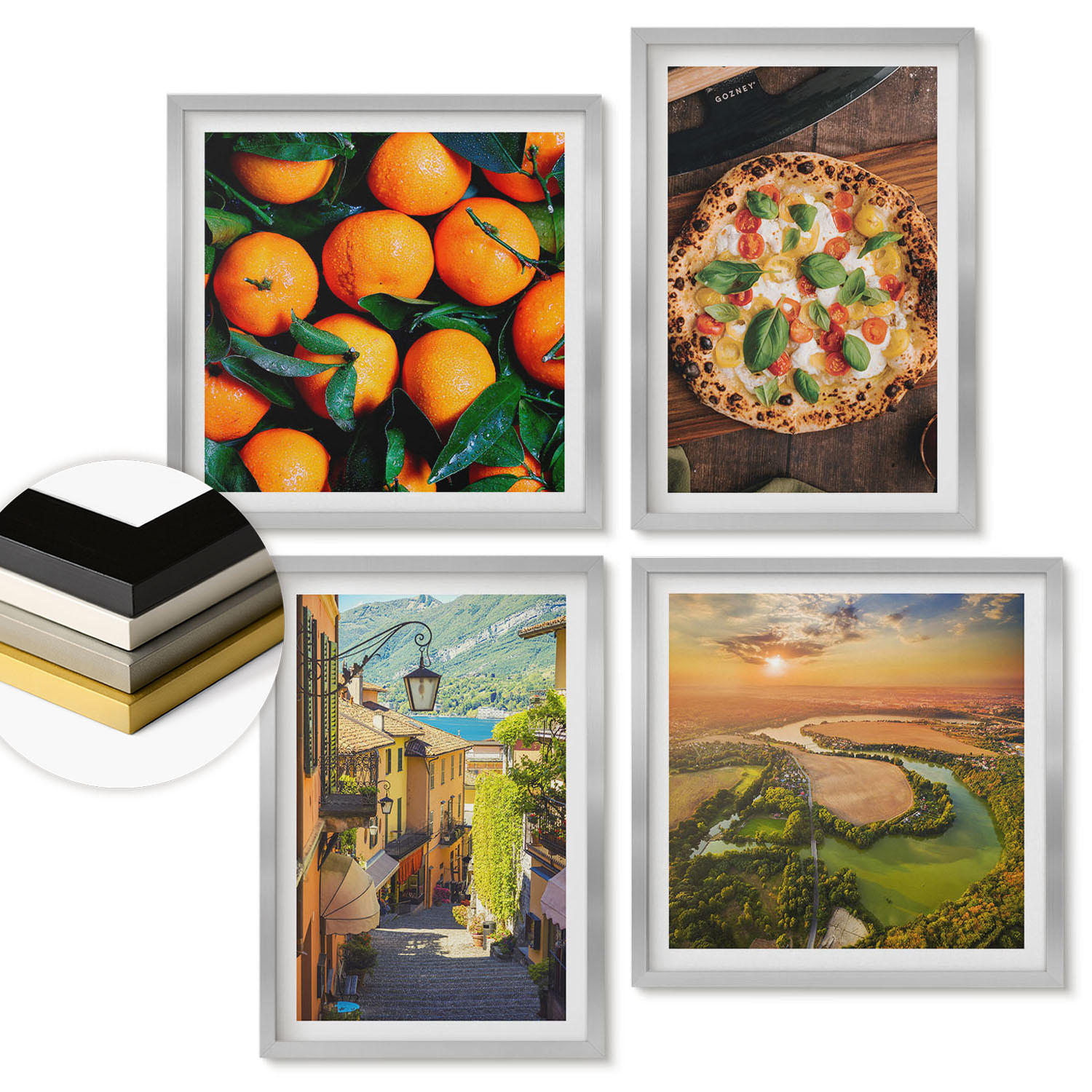 WANDBILDER 4er Set - 50x50 cm & 40x60 cm Silberner Rahmen - Italienische Flüsse, Hügel, Straße - Silberfarben, Kunststoff (50/50cm) - ArtPrintCave