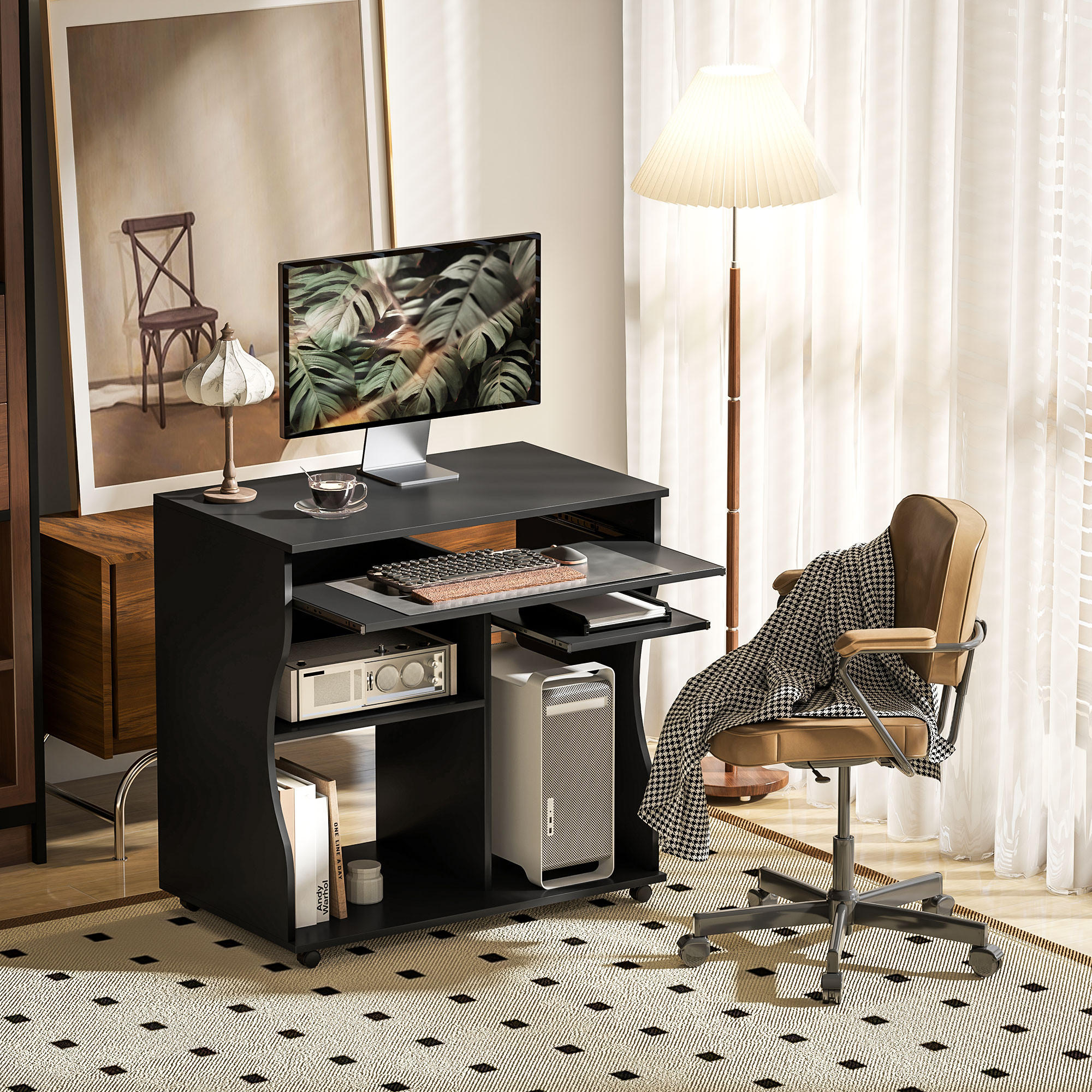 COMPUTERTISCH mit Rollen, Schwarz 80 x 48 x 75 cm - Schwarz, Holz (48/80/75cm) - HOMCOM