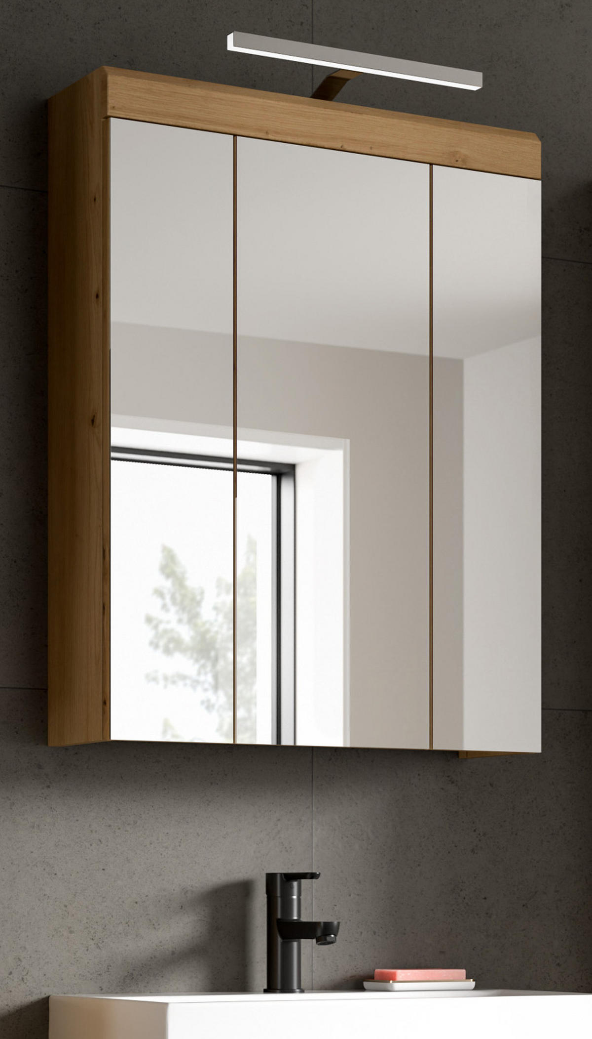SPIEGELSCHRANK Salbei grün, Eiche Artisan 60 cm, Badschrank 3-türig - Eiche Artisan, Glas/Holzwerkstoff (60/79/18cm) - Inn.Furn