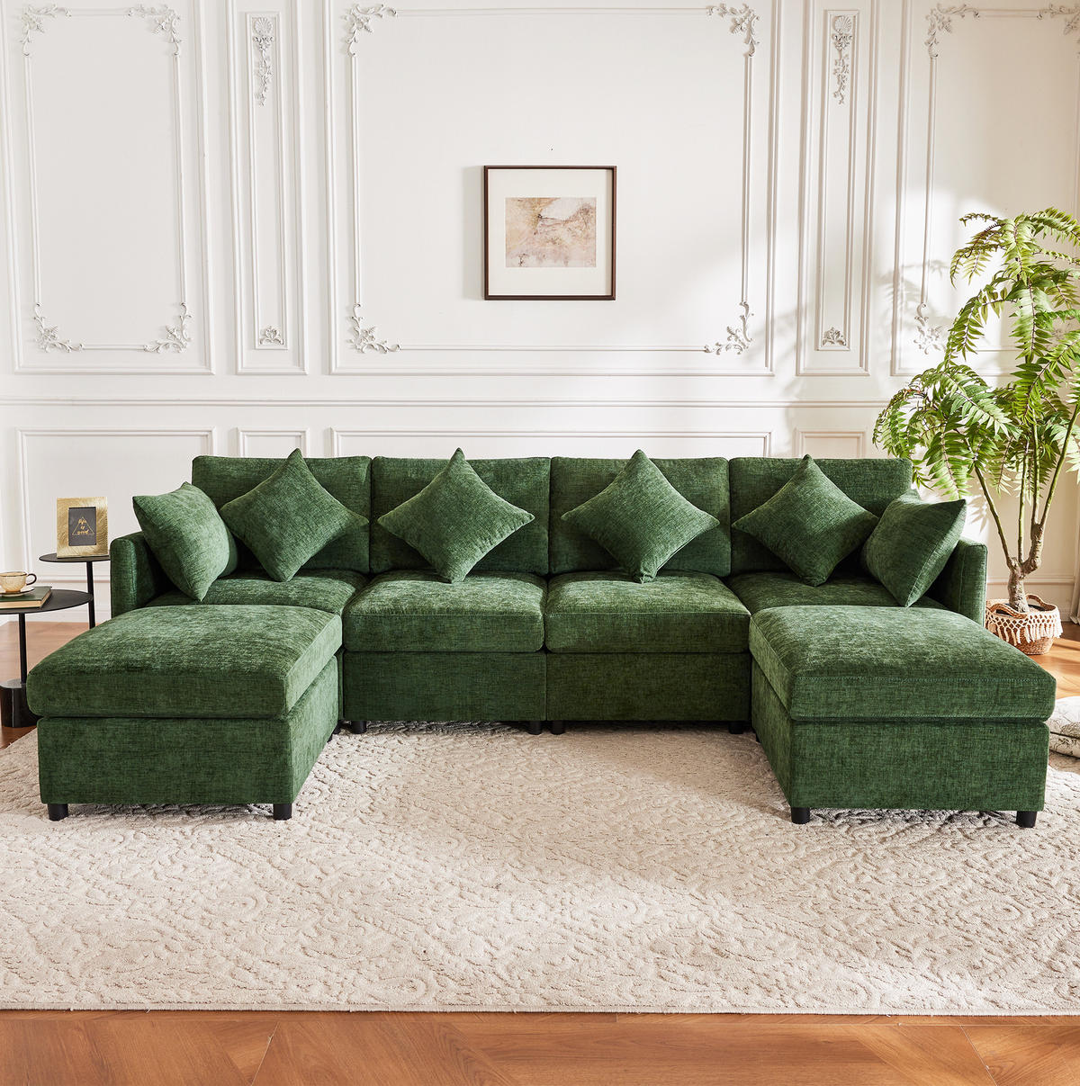SOFA modular 278x161 cm Chenille Green mit 2 Hockern und 6 Kissen - Grün, Holzwerkstoff (161/81/278cm) - Meubliv
