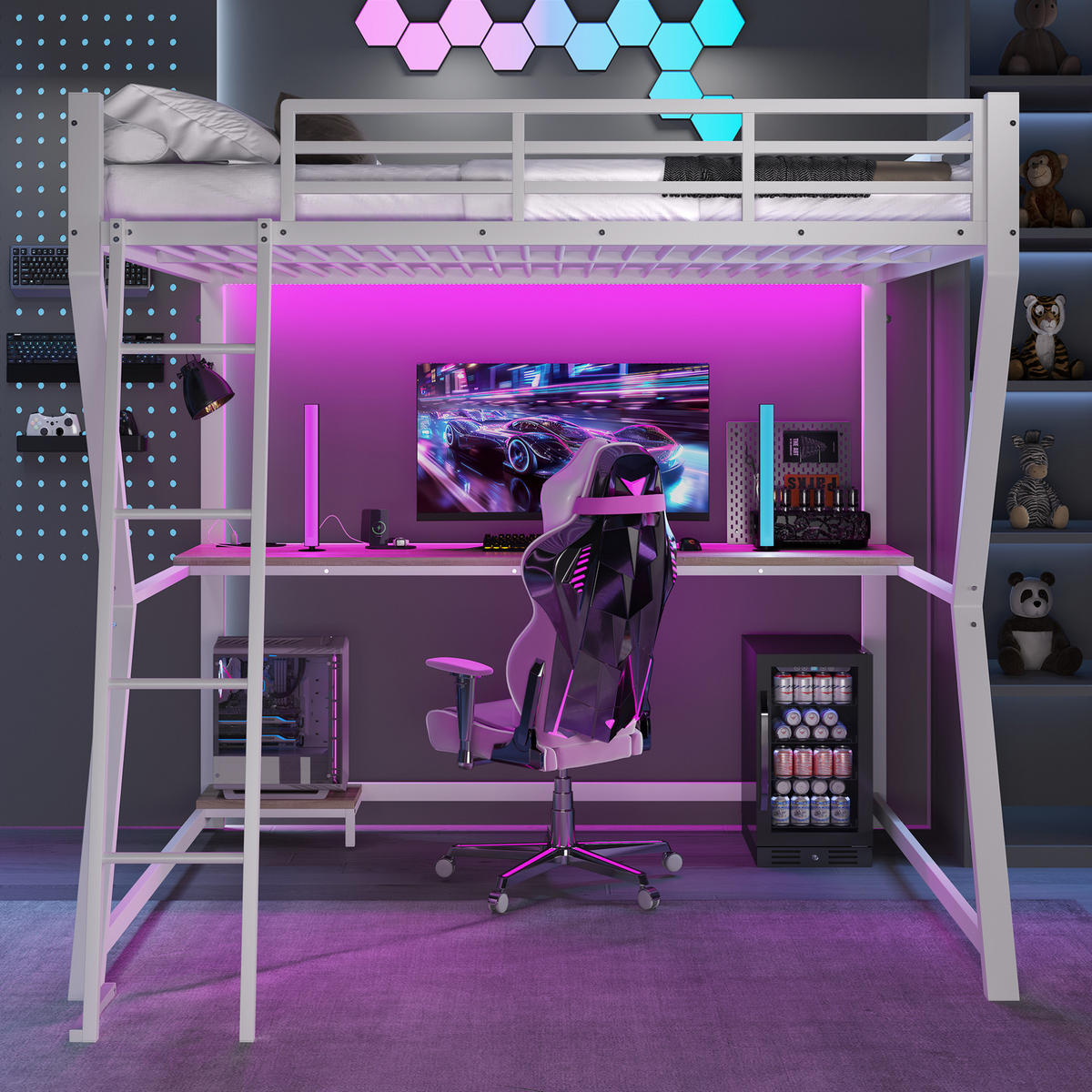 HOCHBETT 140/200 cm Weiß mit LED und Schreibtisch ohne Matratze - Weiß, Metall (140/200cm) - MIVRAY
