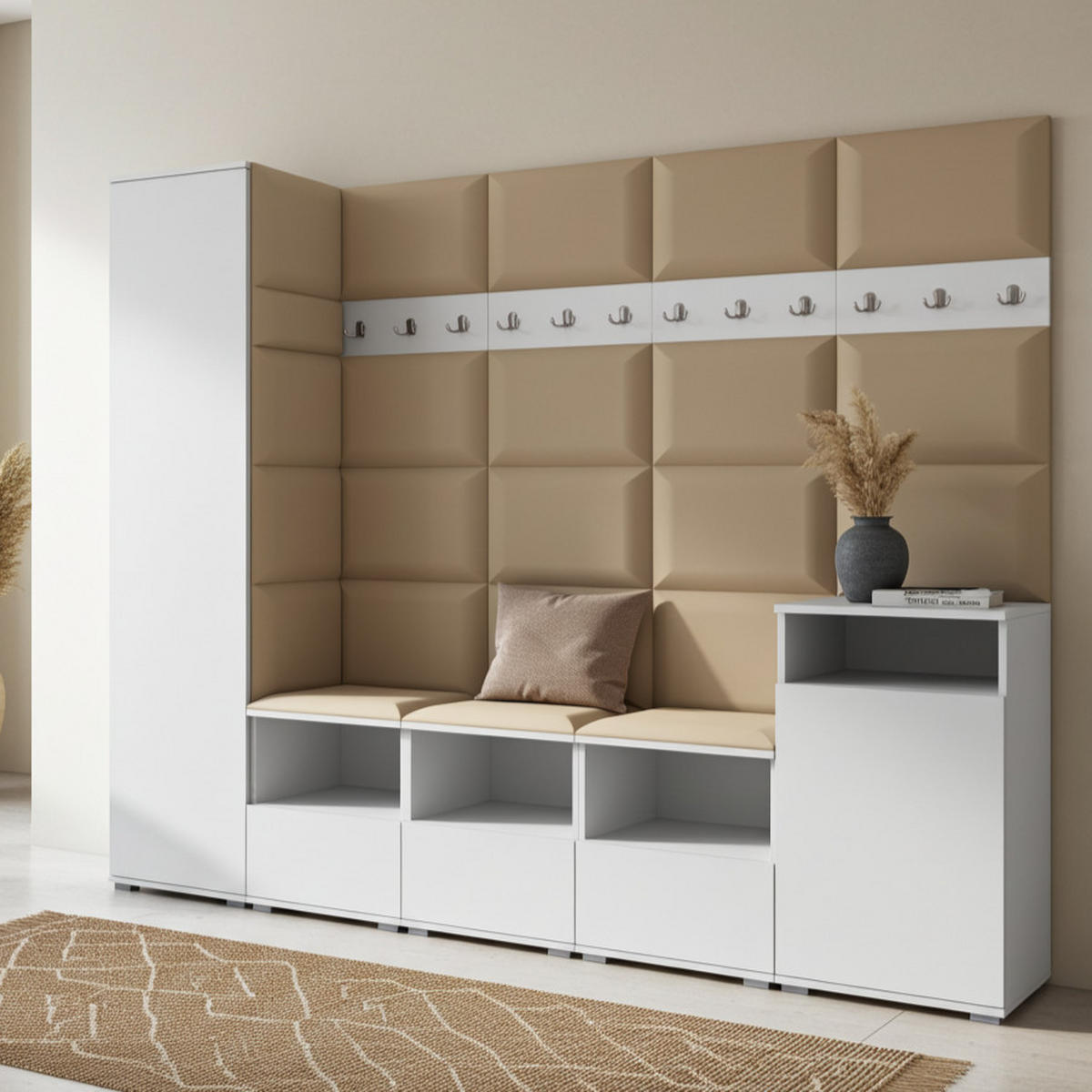 GARDEROBE NELA XI 250 cm (Modulare Flurmöbel Weiß mit Sitzpolster Beige 04 Großes Set) - Beige/Silberfarben, Holz/Holzwerkstoff (250/187/40cm) - Ravio