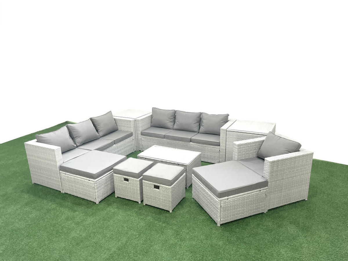 GARTENSET mit 3-SITZER SOFA,COUCHTISCH Polyrattan Hellgrau-Mix 11-Sitzer - Hellgrau/Grau, Glas/Kunststoff - Fimous